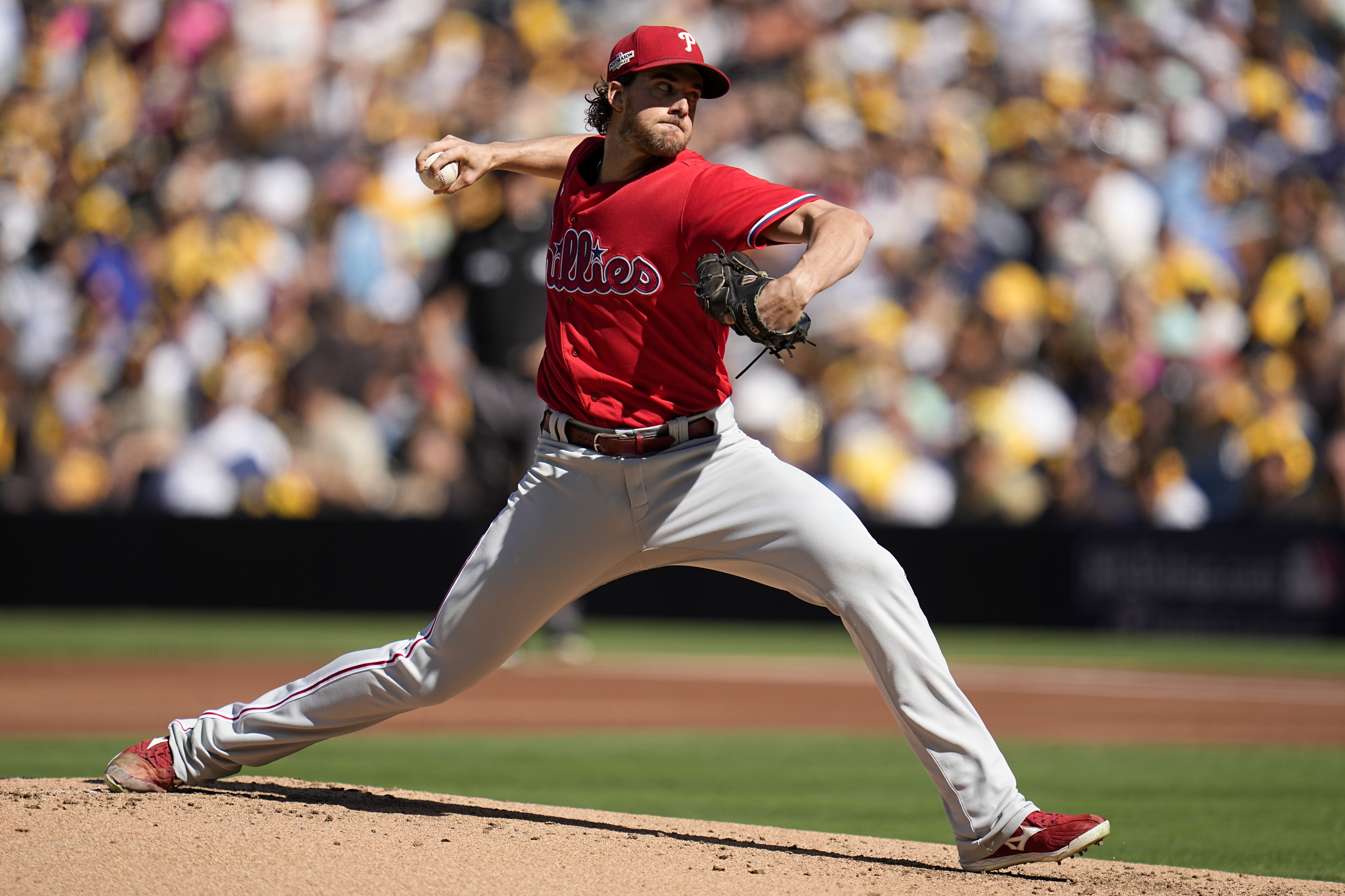 Philadelphia Phillies starting pitcher Aaron Nola throws against the San Diego Padres during the first inning in Game 2 of the baseball NL Championship Series between the San Diego Padres and the Philadelphia Phillies on Wednesday, Oct. 19, 2022, in San Diego. 