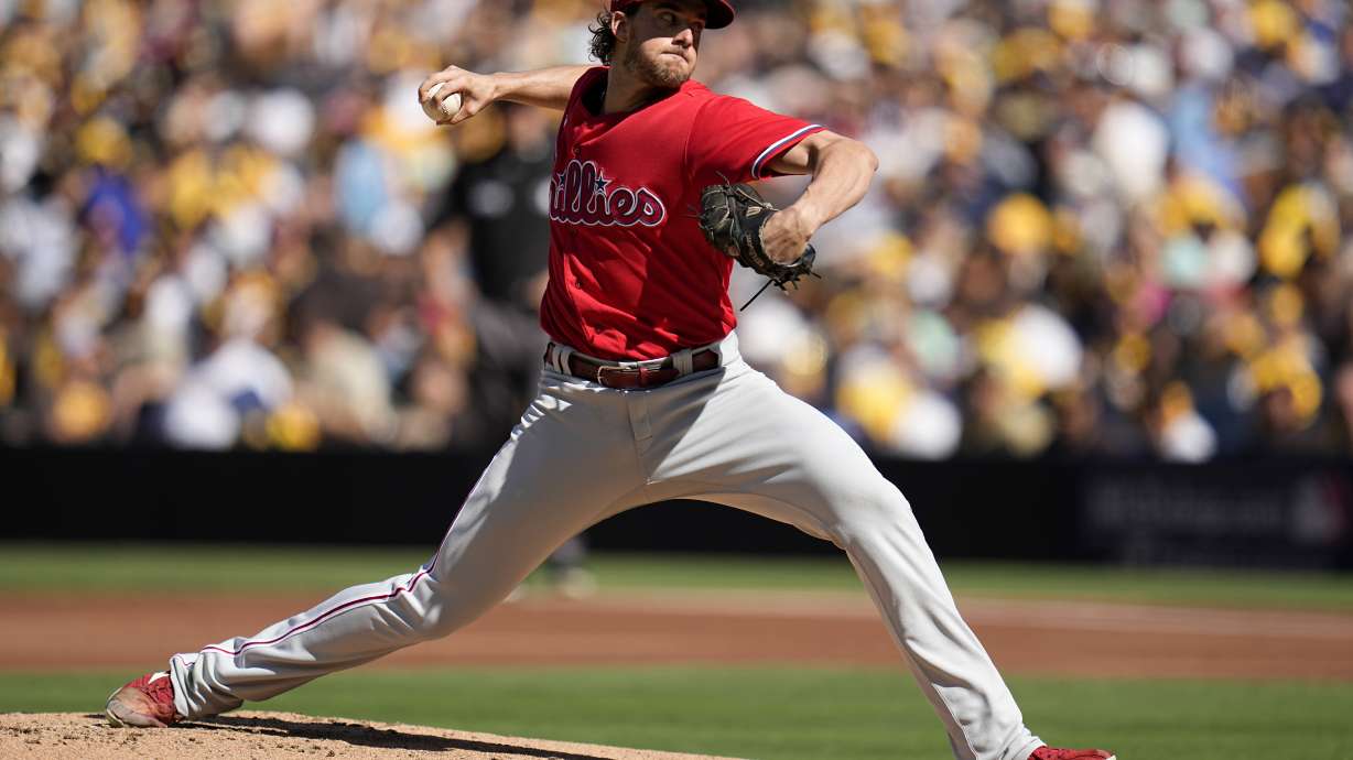 Philadelphia Phillies starting pitcher Aaron Nola throws against the San Diego Padres during the first inning in Game 2 of the baseball NL Championship Series between the San Diego Padres and the Philadelphia Phillies on Wednesday, Oct. 19, 2022, in San Diego.