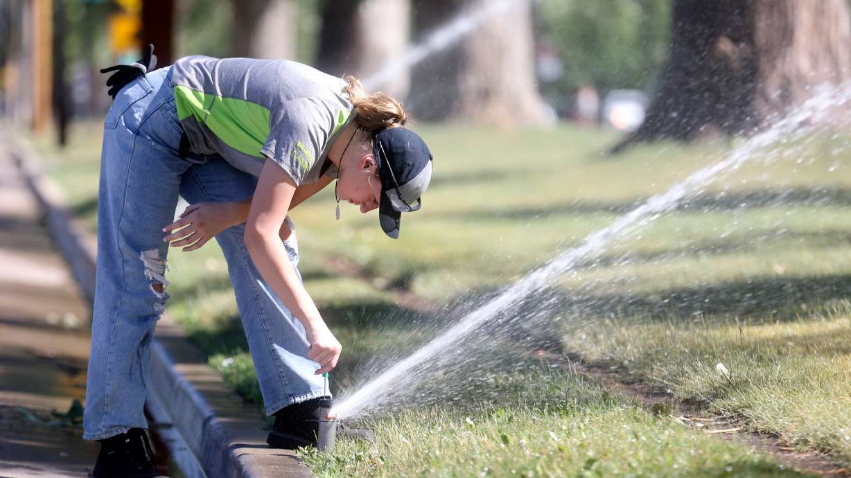 Riley Niederhauser, a Salt Lake City Public Lands Department crew member, repairs sprinklers in Liberty Park in Salt Lake City on July 7. A new analysis published by the Utah Rivers Council Wednesday critiques the state's water district property tax, but water suppliers say it's crucial for funding water projects.