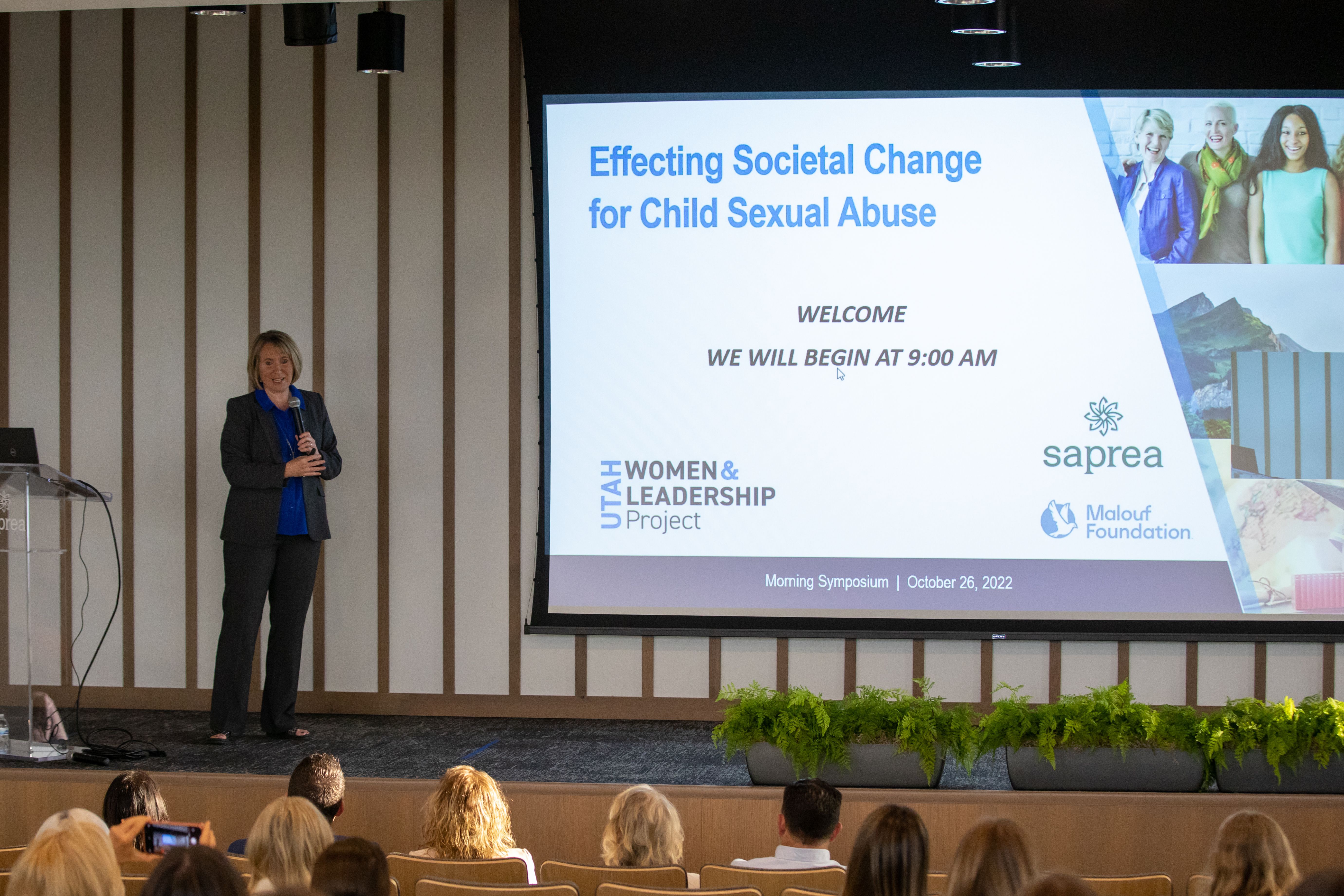Susan Madsen, director of Utah Women and Leadership Project, presents as a keynote speaker in a child sexual abuse prevention symposium at Saprea in Lehi on Wednesday.
