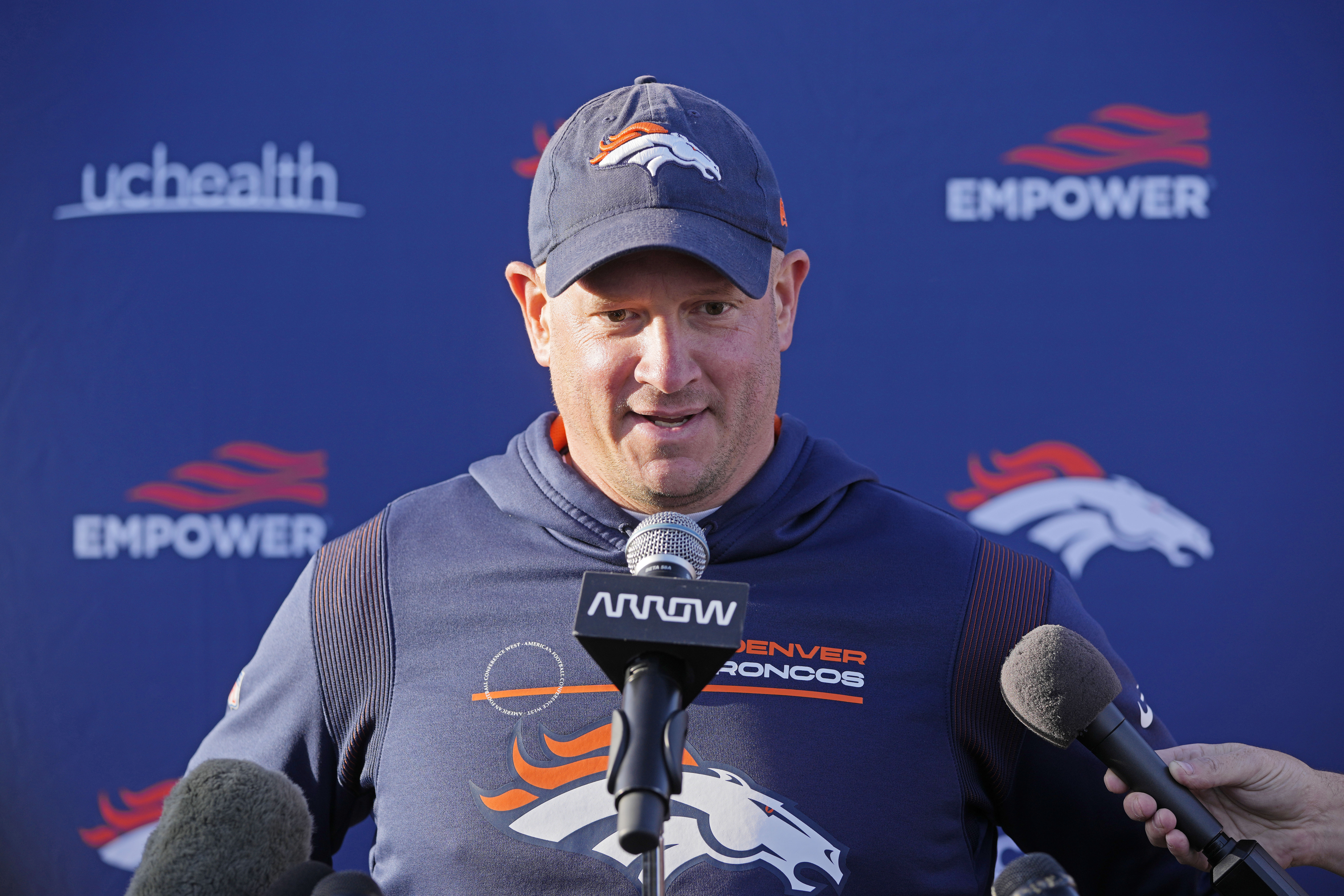 Denver Broncos head coach Nathaniel Hackett attends a news conference after a practice session in Harrow, England, Wednesday, Oct. 26, 2022 ahead the NFL game against Jacksonville Jaguars at the Wembley stadium on Sunday. 