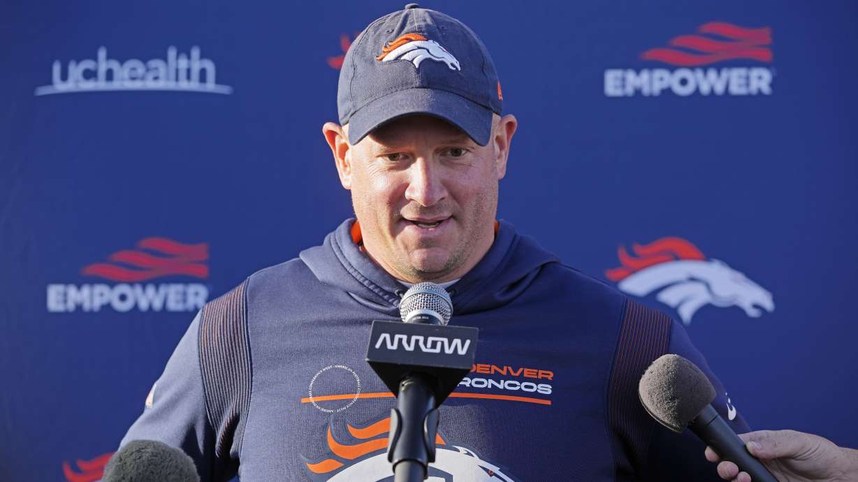 Denver Broncos head coach Nathaniel Hackett attends a news conference after a practice session in Harrow, England, Wednesday, Oct. 26, 2022 ahead the NFL game against Jacksonville Jaguars at the Wembley stadium on Sunday.
