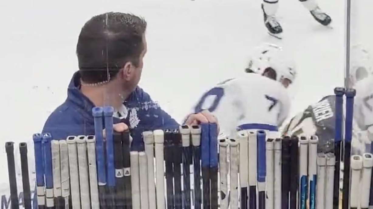 Toronto Maple Leafs equipment manager Bobby Hastings keeps his fingers on the sticks in case a player breaks his and needs a replacement.