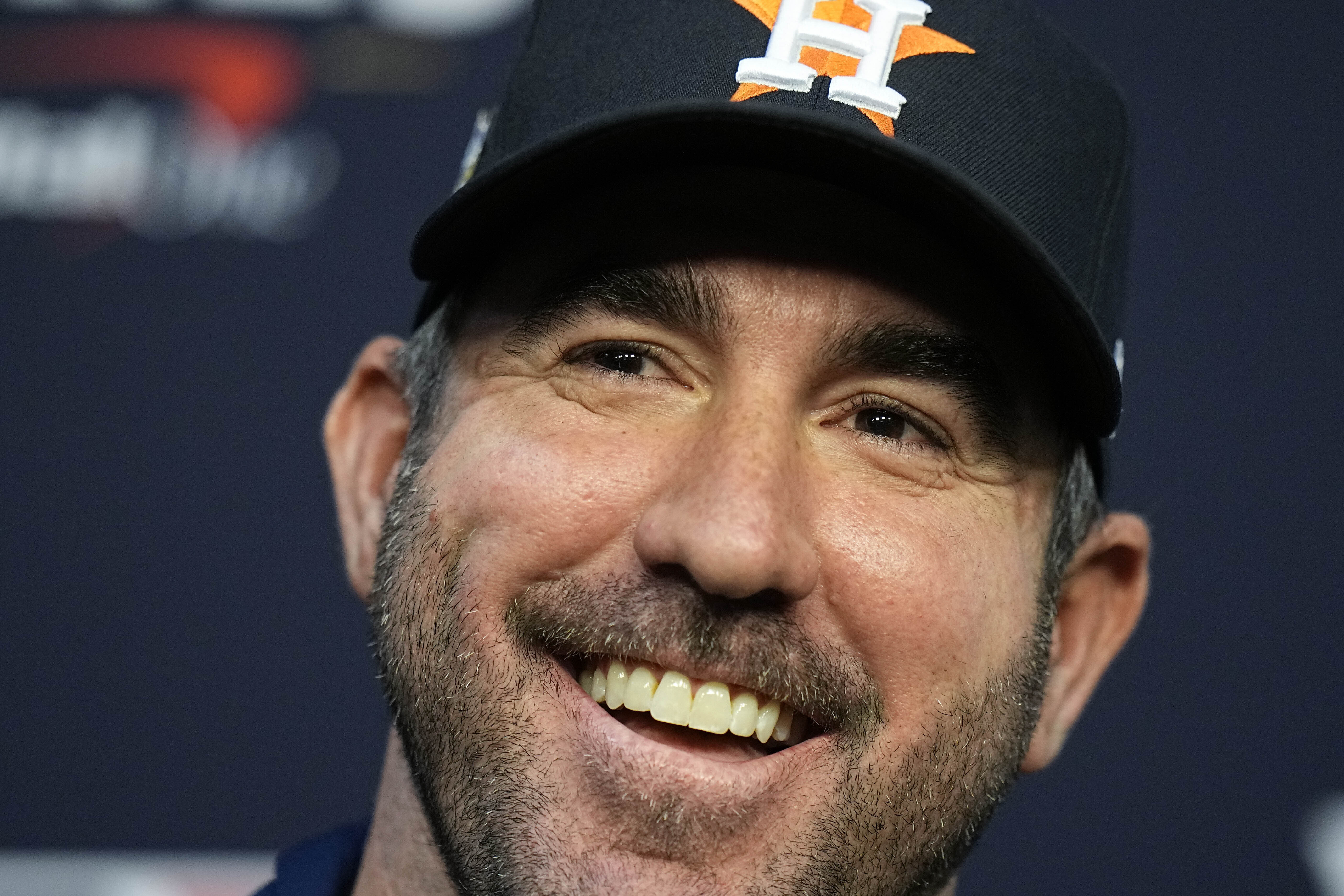Houston Astros starting pitcher Justin Verlander speaks to media ahead of Game 1 of the baseball World Series between the Houston Astros and the Philadelphia Phillies on Thursday, Oct. 27, 2022, in Houston. Game 1 of the series starts Friday. 