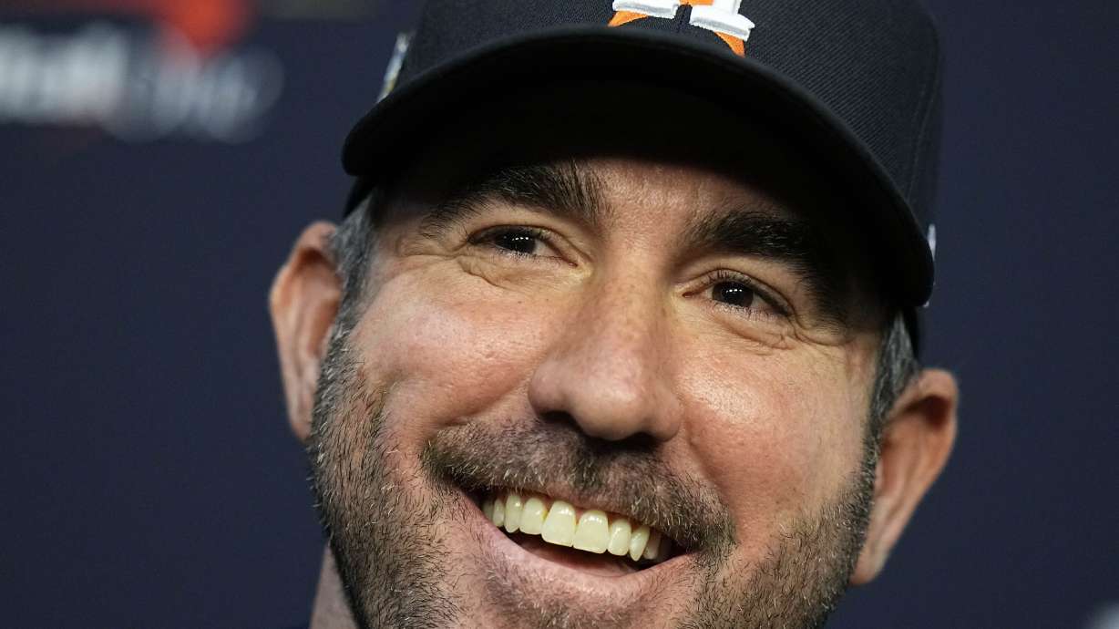 Houston Astros starting pitcher Justin Verlander speaks to media ahead of Game 1 of the baseball World Series between the Houston Astros and the Philadelphia Phillies on Thursday, Oct. 27, 2022, in Houston. Game 1 of the series starts Friday.