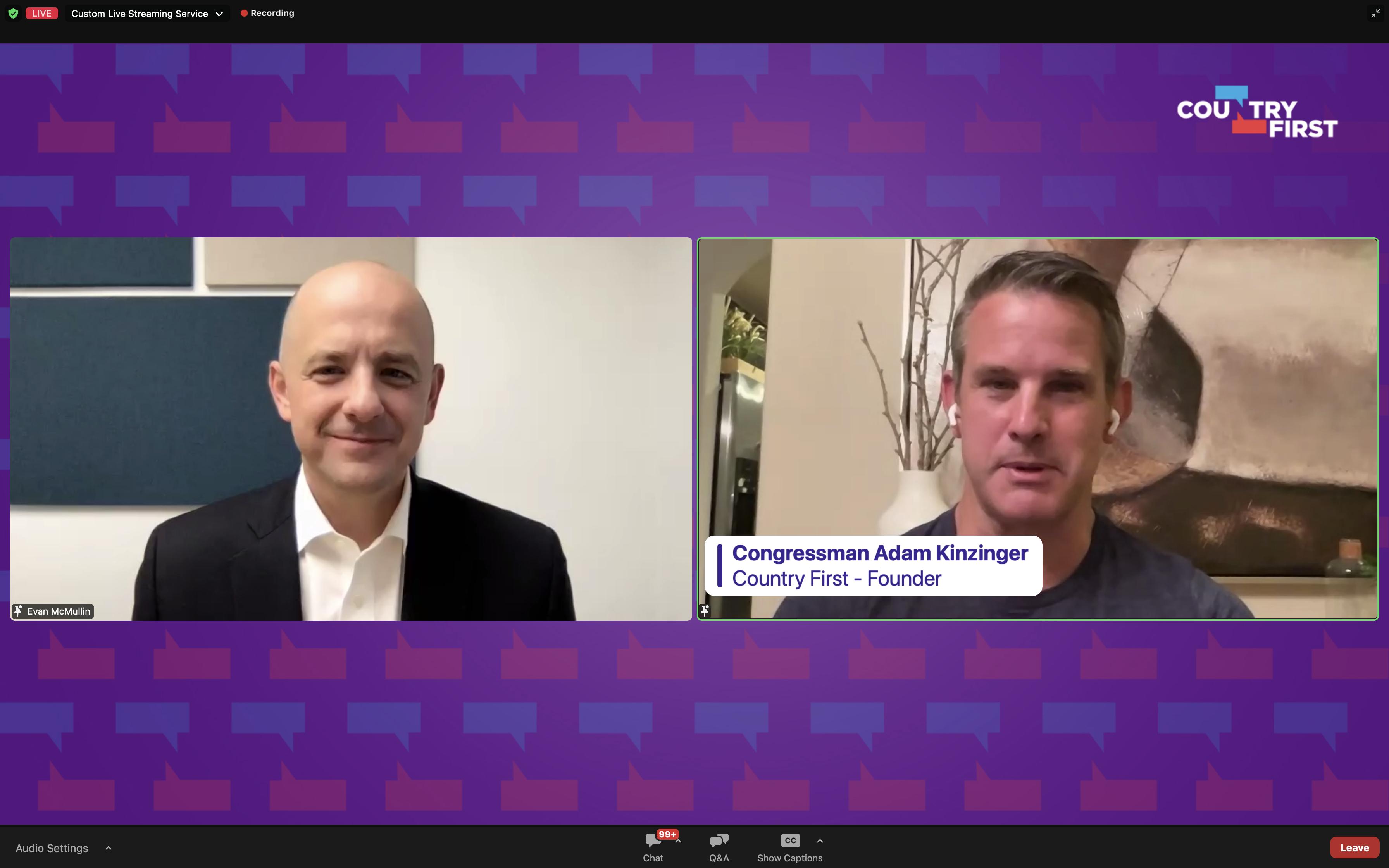 Independent Senate candidate Evan McMullin and U.S. Rep. Adam Kinzinger, R-Ill., speak during a virtual democracy rally on Thursday.