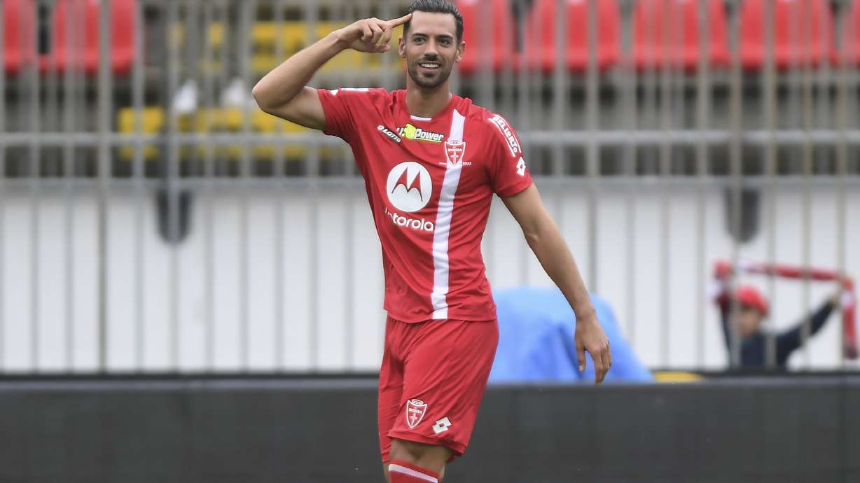 Monza's Pablo Mari' celebrates after scoring his side's second goal during the Italian Serie A soccer match between Monza and Spezia, at the U-Power Stadium in Monza, Italy, Sunday, Oct. 9, 2022.