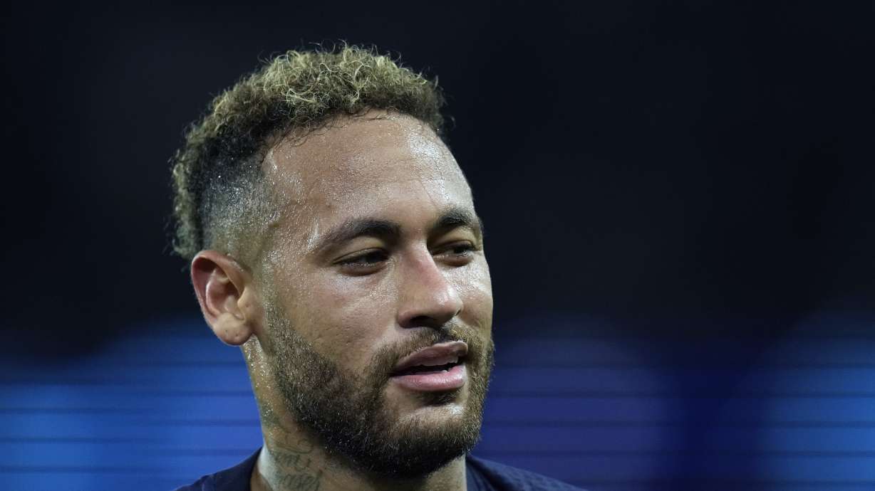 PSG's Neymar reacts during the Champions League Group H soccer match between Paris Saint Germain and Maccabi Haifa, at the Parc des Princes stadium, in Paris, France, Tuesday, Oct. 25, 2022.