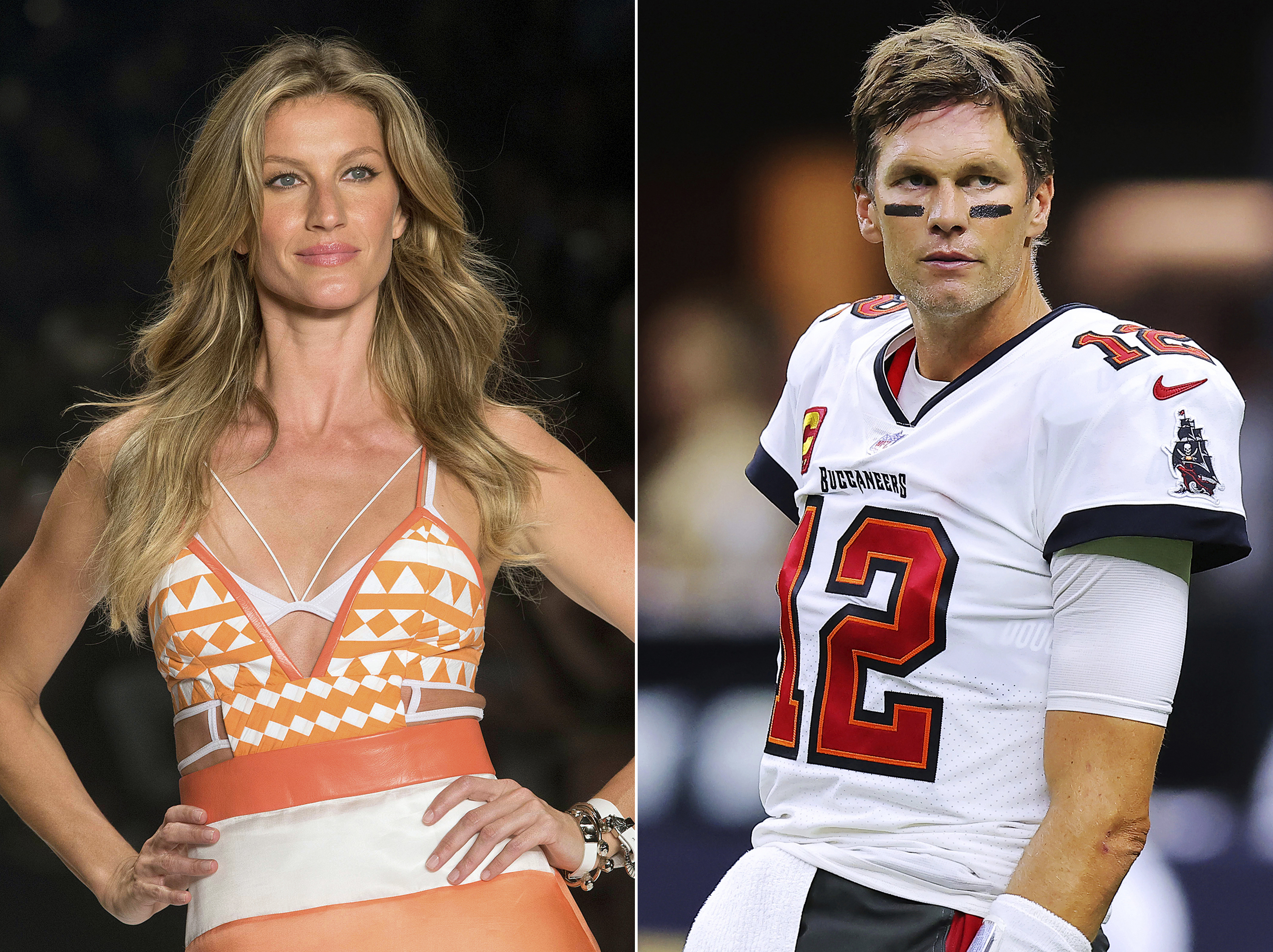 This combination of photos shows Brazilian supermodel Gisele Bundchen modeling the Colcci Summer collection at Sao Paulo Fashion Week in Sao Paulo, Brazil, on April 15, 2015, left, and Tampa Bay Buccaneers quarterback Tom Brady before an NFL football game against the New Orleans Saints, on Sept. 18, 2021, in New Orleans. The couple announced Friday they have finalized their divorce, ending their 13-year marriage. 
