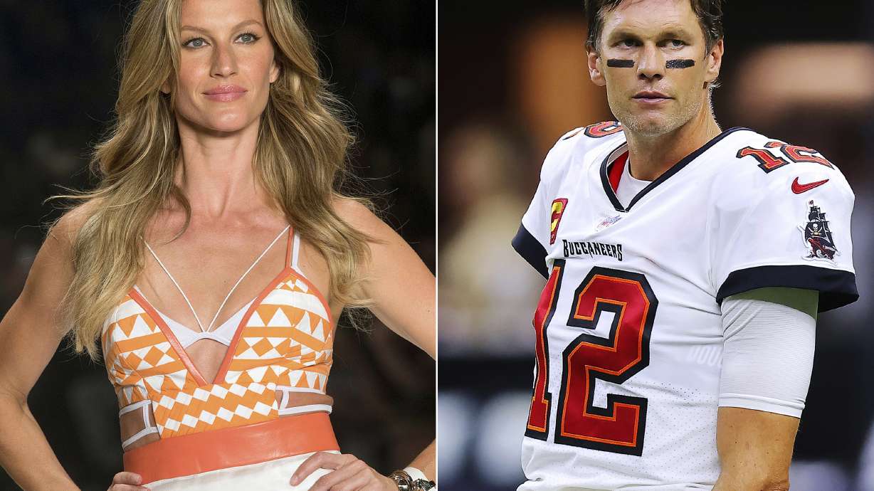 This combination of photos shows Brazilian supermodel Gisele Bundchen modeling the Colcci Summer collection at Sao Paulo Fashion Week in Sao Paulo, Brazil, on April 15, 2015, left, and Tampa Bay Buccaneers quarterback Tom Brady before an NFL football game against the New Orleans Saints, on Sept. 18, 2021, in New Orleans. The couple announced Friday they have finalized their divorce, ending their 13-year marriage.