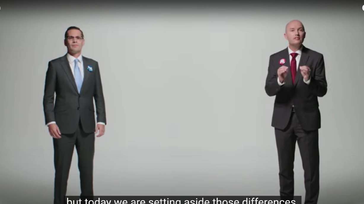In “One Nation,” the 2020 ad released jointly by Utah’s Democratic and Republican candidates, Utah Gov. Spencer Cox and Chris Peterson appear together.