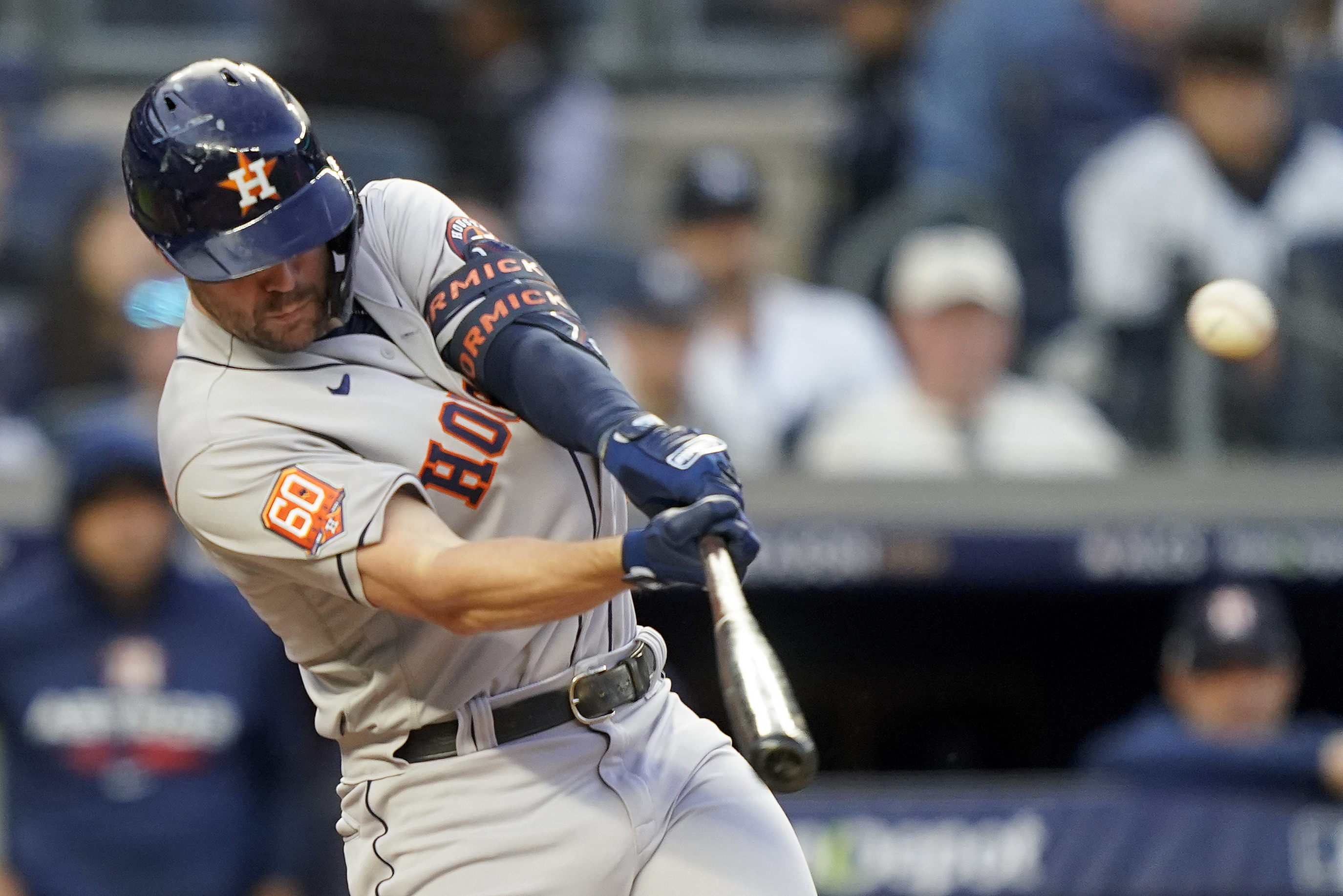Houston Astros Chas McCormick (20) connects for a two-run home run against the New York Yankees during the second inning of Game 3 of an American League Championship baseball series, Saturday, Oct. 22, 2022, in New York. 