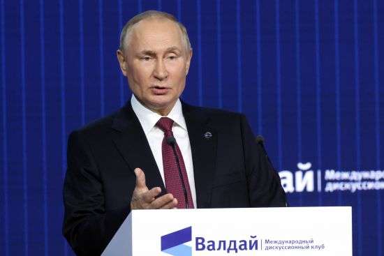 Russian President Vladimir Putin speaks at the plenary session of the 19th annual meeting of the Valdai International Discussion Club outside Moscow, Russia, Thursday.