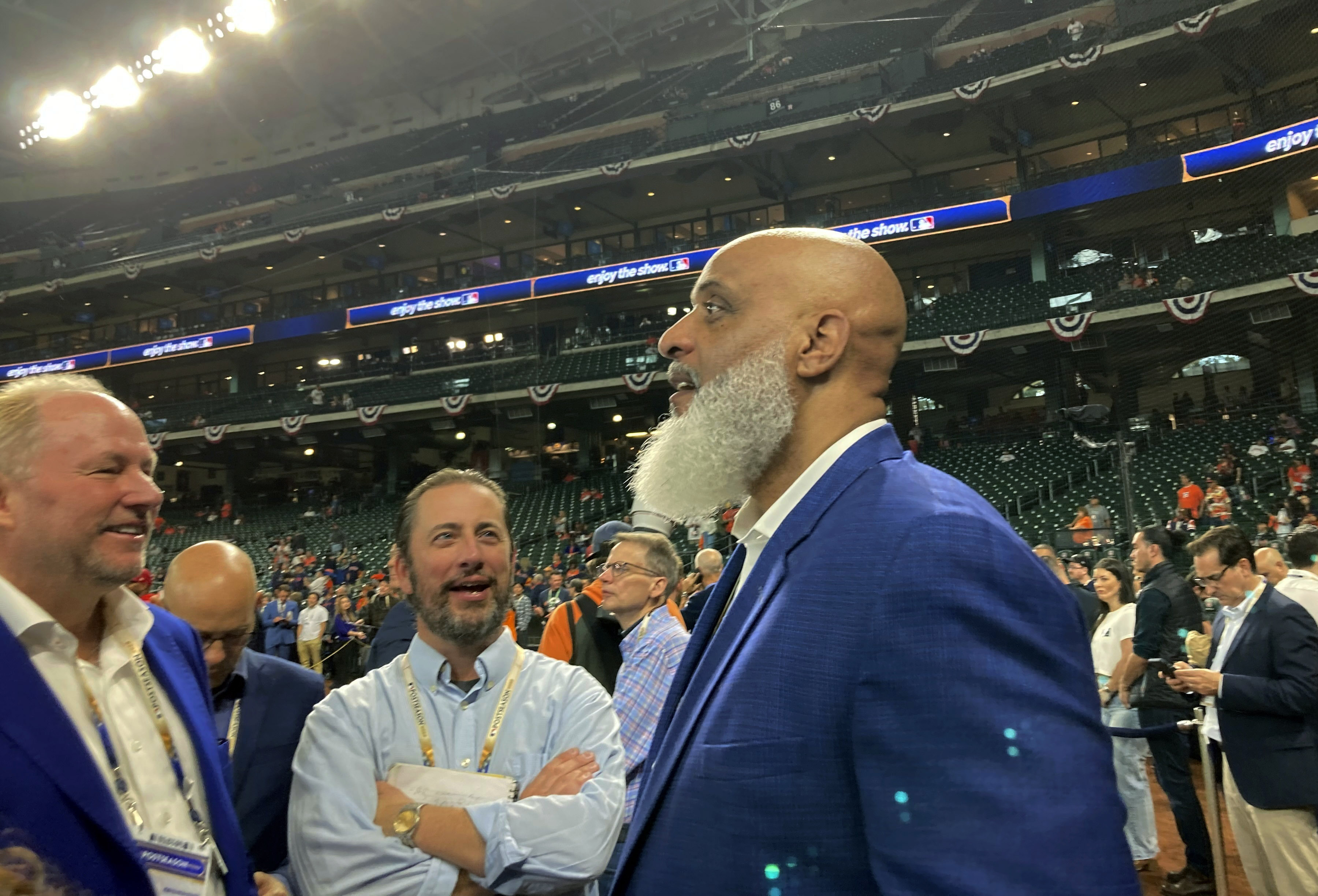 Major League Baseball Union head Tony Clark speaks to reporters before Game 1 of baseball's World Series between the Houston Astros and the Philadelphia Phillies on Friday, Oct. 28, 2022, in Houston.