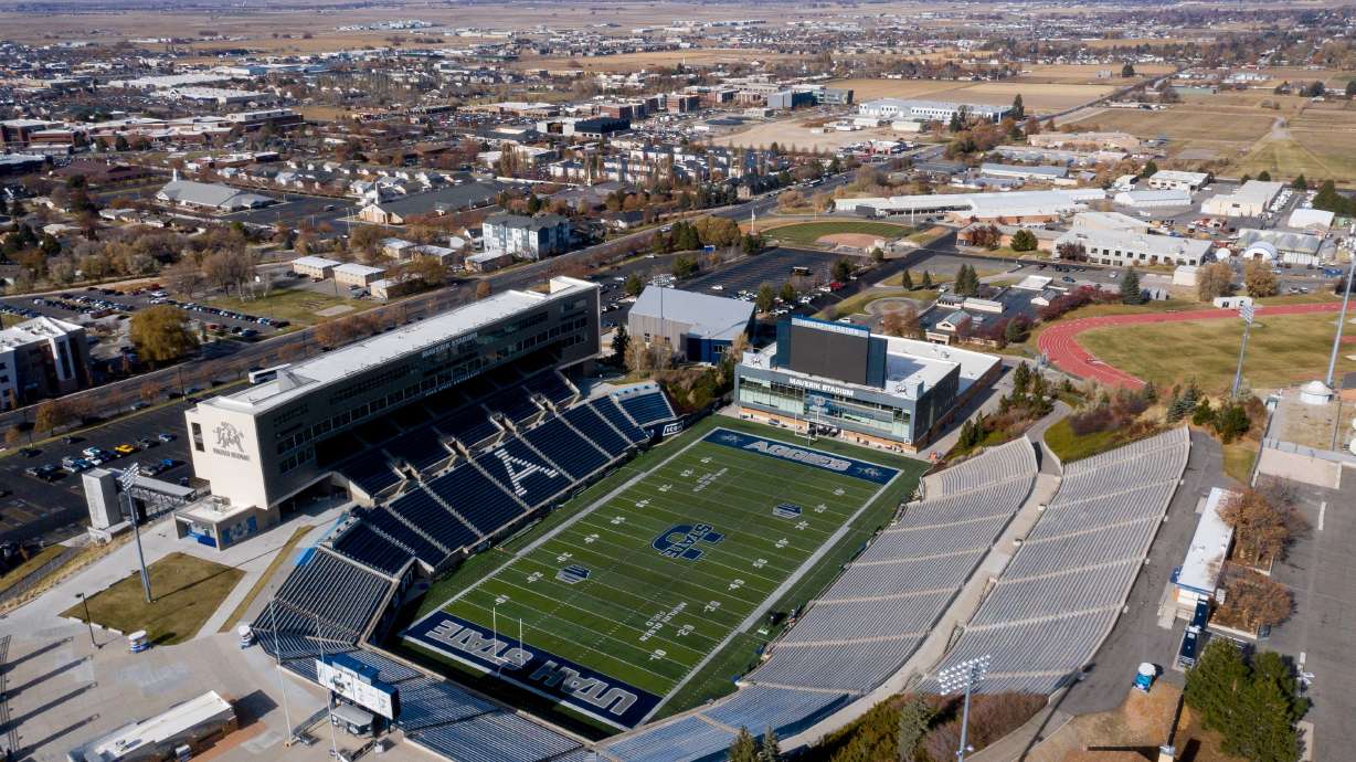 Merlin Olsen Field at Maverik Stadium, home of the Utah State Aggies football team, is pictured in Logan on Nov. 14, 2019. A former Utah State University football player has filed a complaint in federal court alleging retaliation by teammates and coaches after he made and distributed recordings of team meetings.
