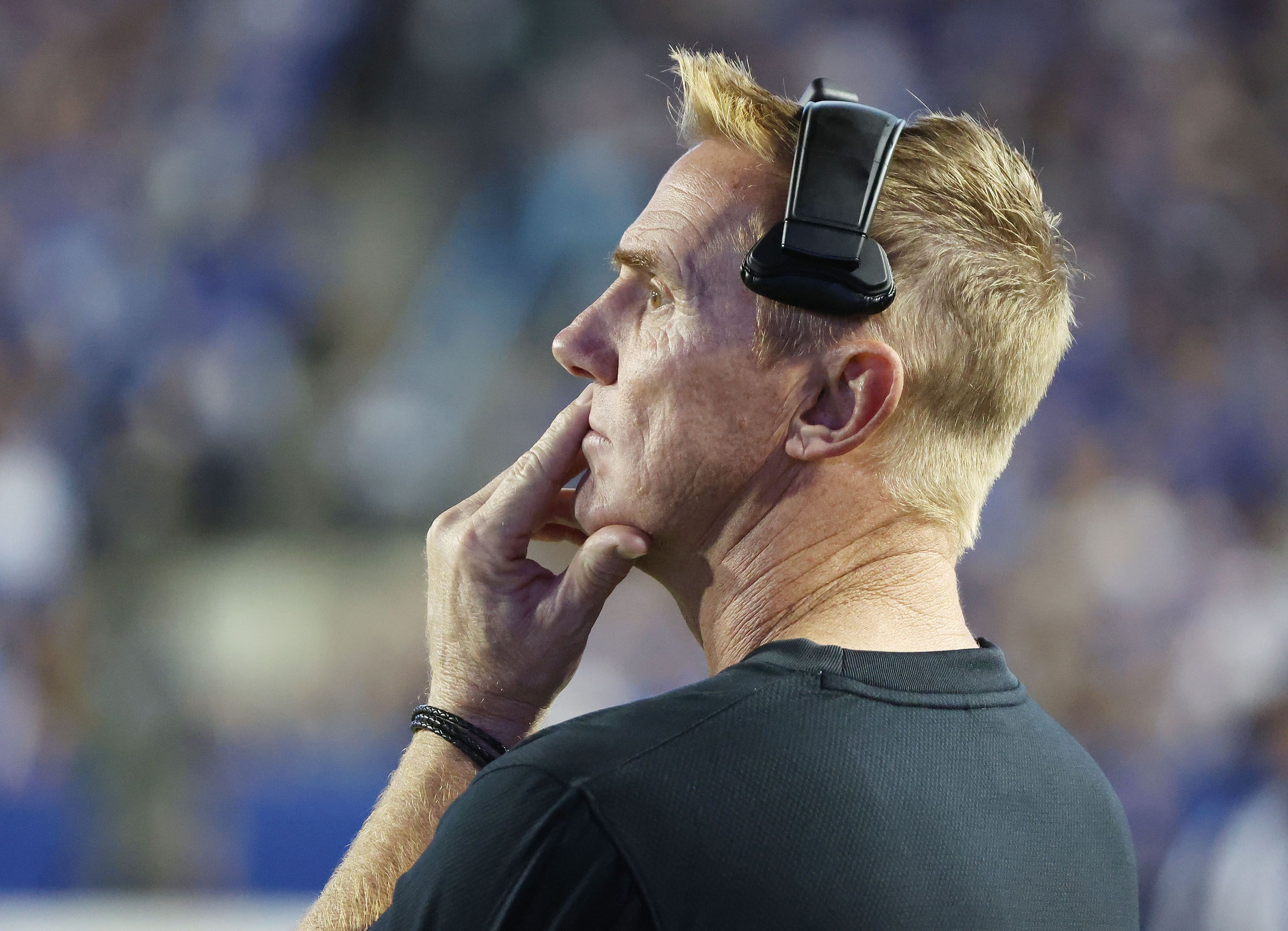 Utah State Aggies football head coach Blake Anderson watches the game in Provo on Sept. 29.