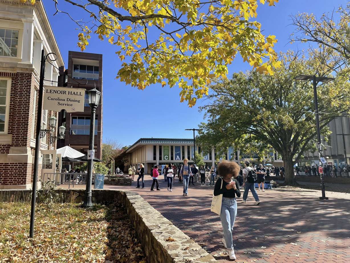 Students walk through the quad outside the student union at the University of North Carolina at Chapel Hill on Oct. 24. The U.S. Supreme Court will hear a case on Monday, over the university's consideration of race in the admissions process.