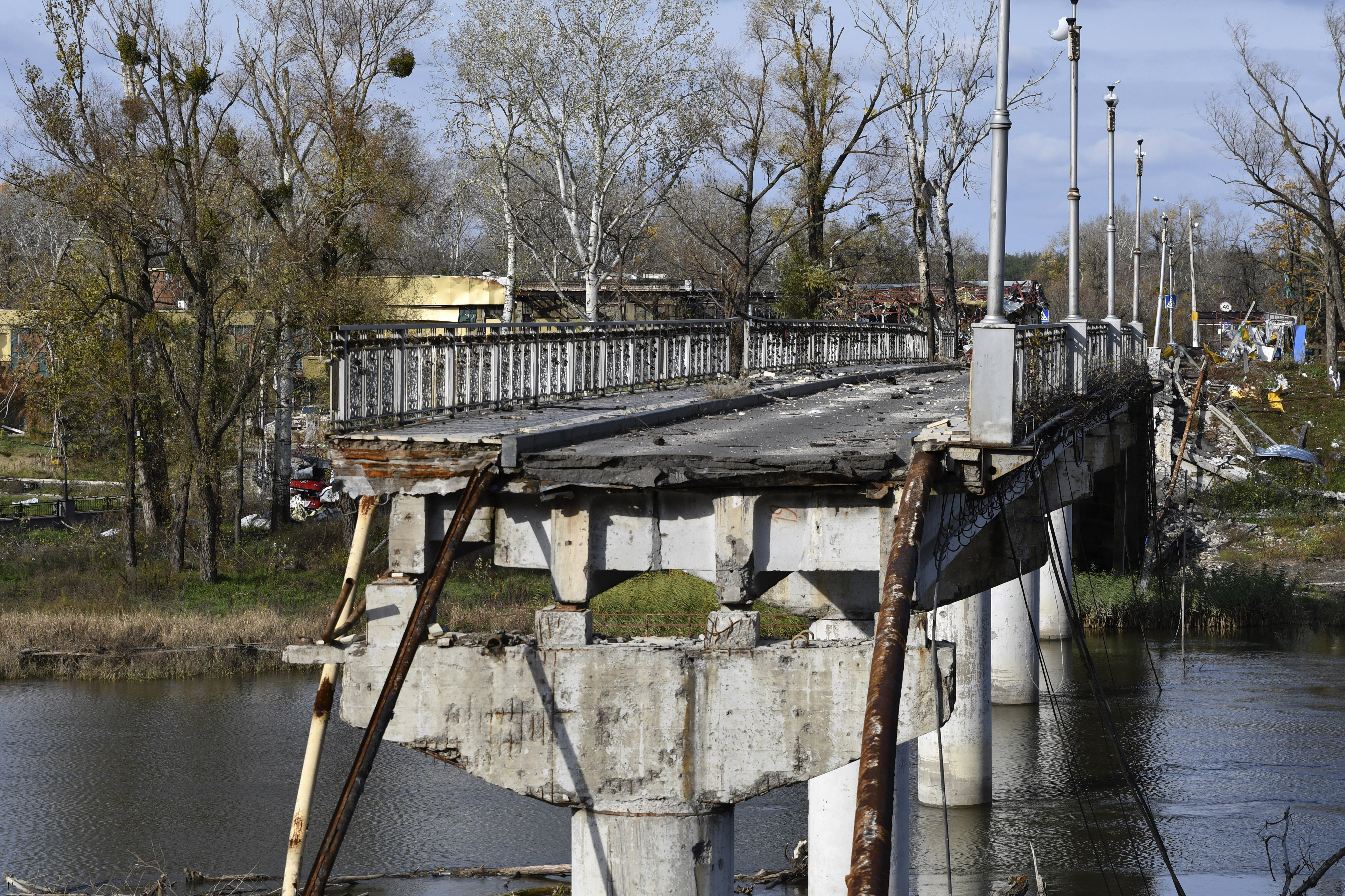 A view of a destroyed bridge across the Siverskyi-Donets river in the liberated town of Sviatohirsk, Donetsk region, Ukraine, Saturday.