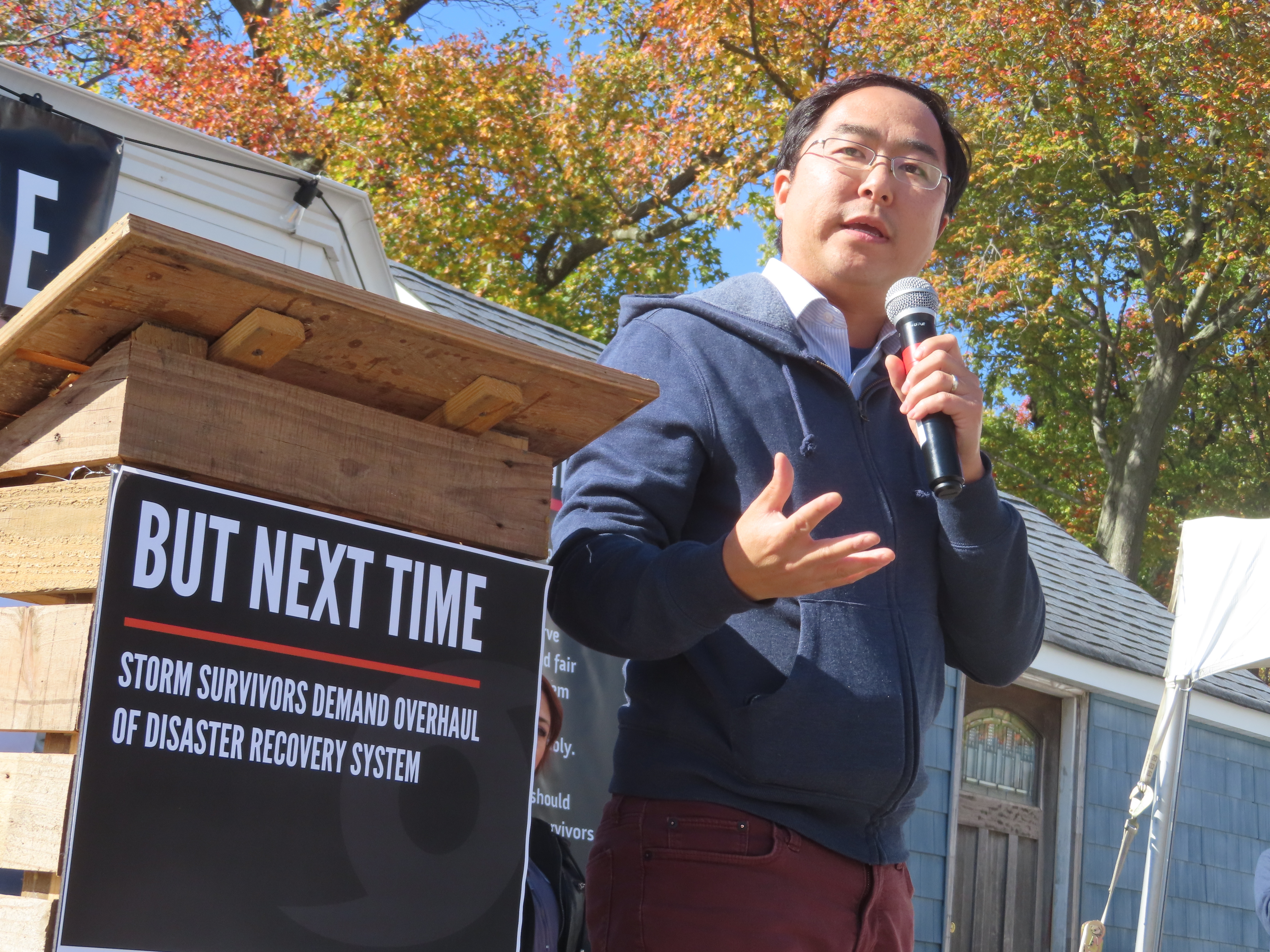 U.S. Rep Andy Kim, D-NJ, speaks at an event in Middletown, N.J., commemorating the 10th anniversary of Superstorm Sandy on Saturday. It featured a group of storm survivors from around the country who called for changes in the nation's disaster response system to make them more responsive to victims.