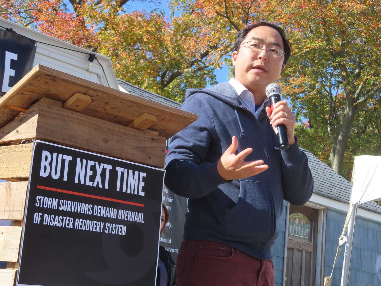 U.S. Rep Andy Kim, D-NJ, speaks at an event in Middletown, N.J., commemorating the 10th anniversary of Superstorm Sandy on Saturday. It featured a group of storm survivors from around the country who called for changes in the nation's disaster response system to make them more responsive to victims.