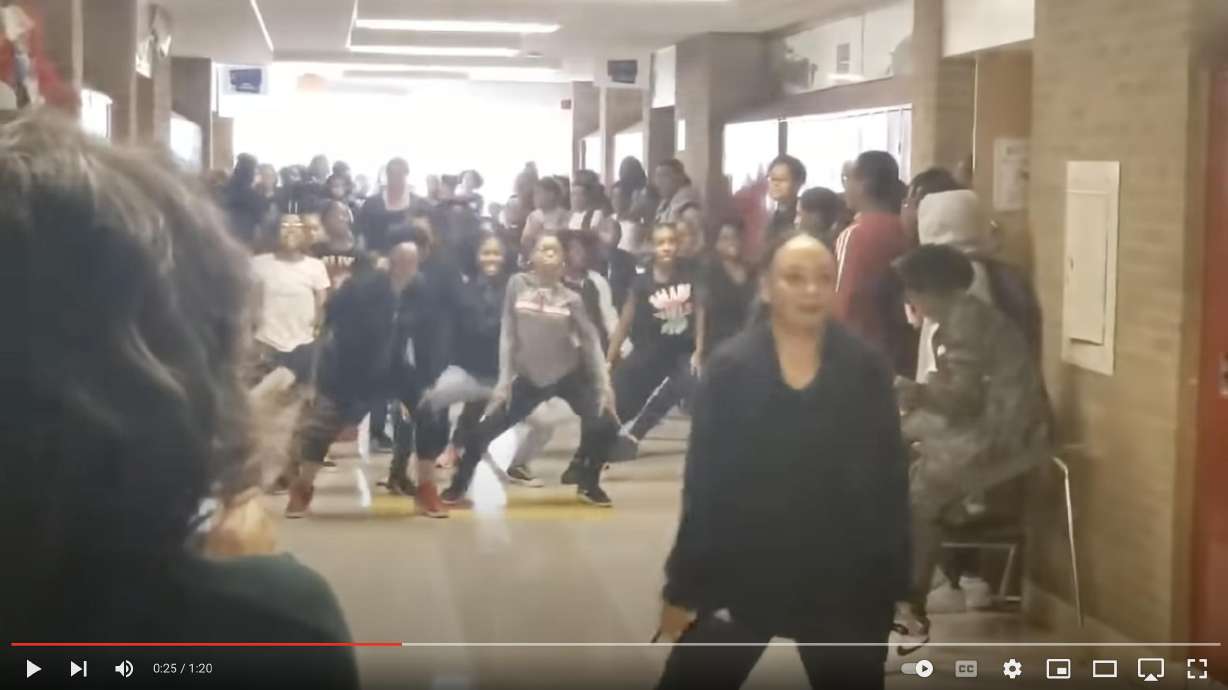 Students participate in a "Thriller" flash mob in this YouTube video.
