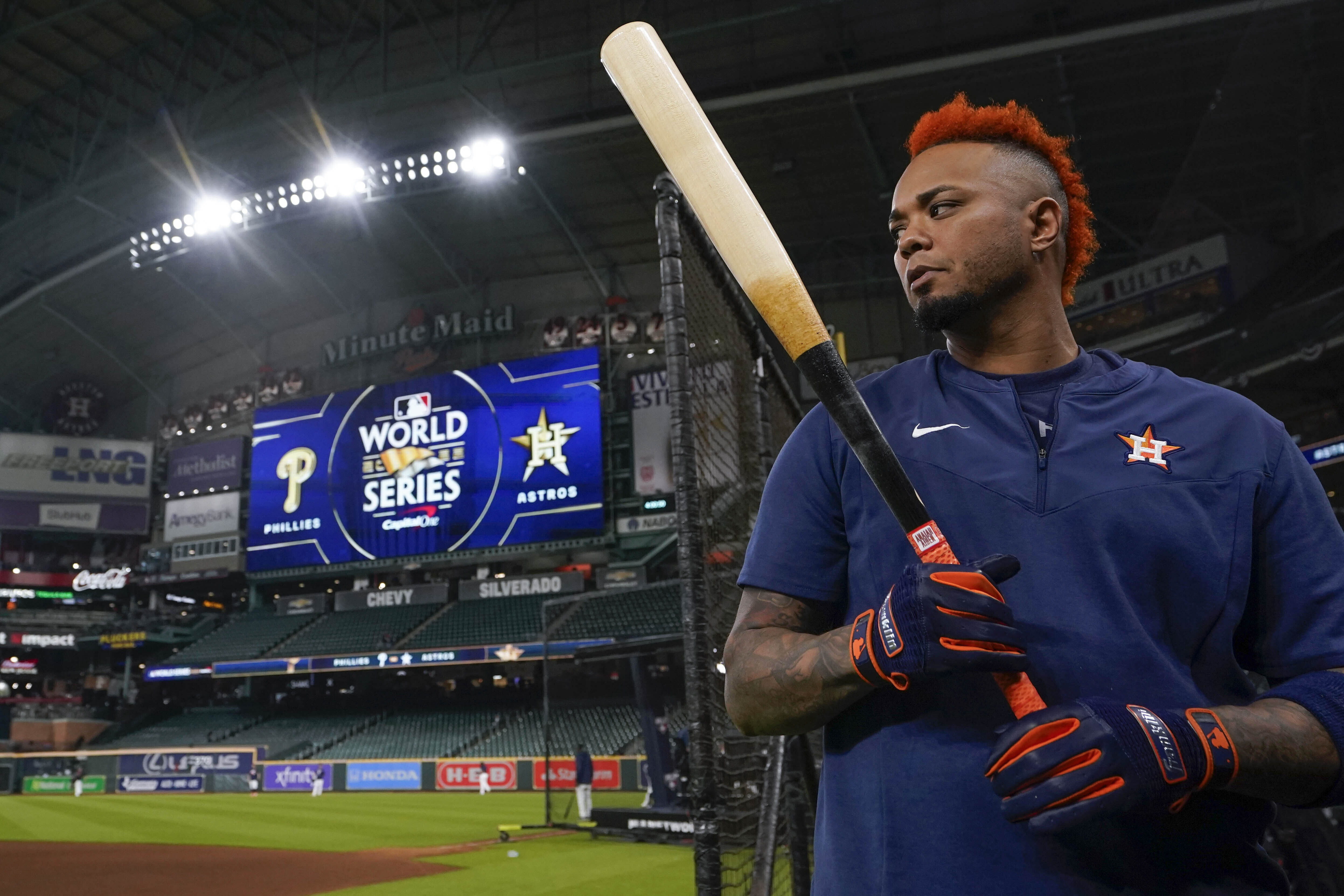 Houston Astros catcher Martin Maldonado watches during batting practice before Game 1 of baseball's World Series between the Houston Astros and the Philadelphia Phillies on Friday, Oct. 28, 2022, in Houston. 