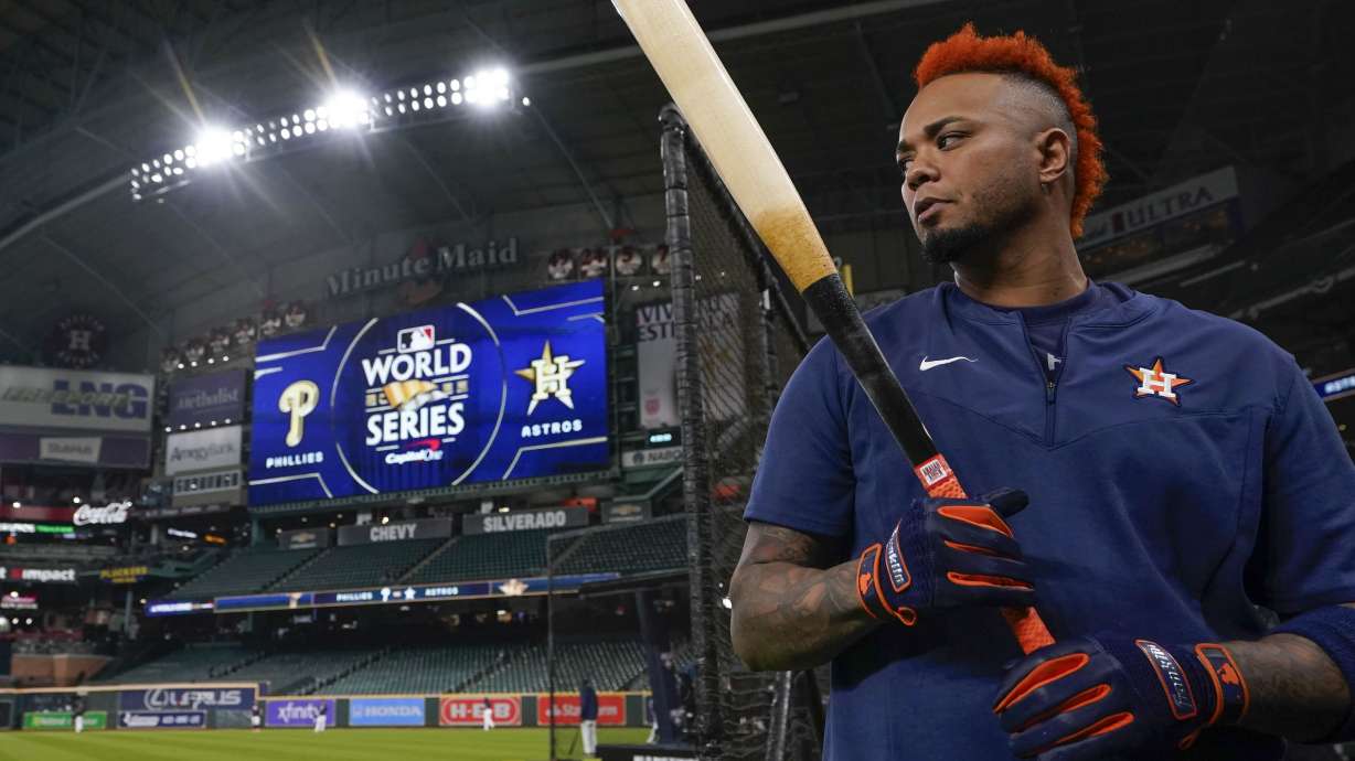 Houston Astros catcher Martin Maldonado watches during batting practice before Game 1 of baseball's World Series between the Houston Astros and the Philadelphia Phillies on Friday, Oct. 28, 2022, in Houston.