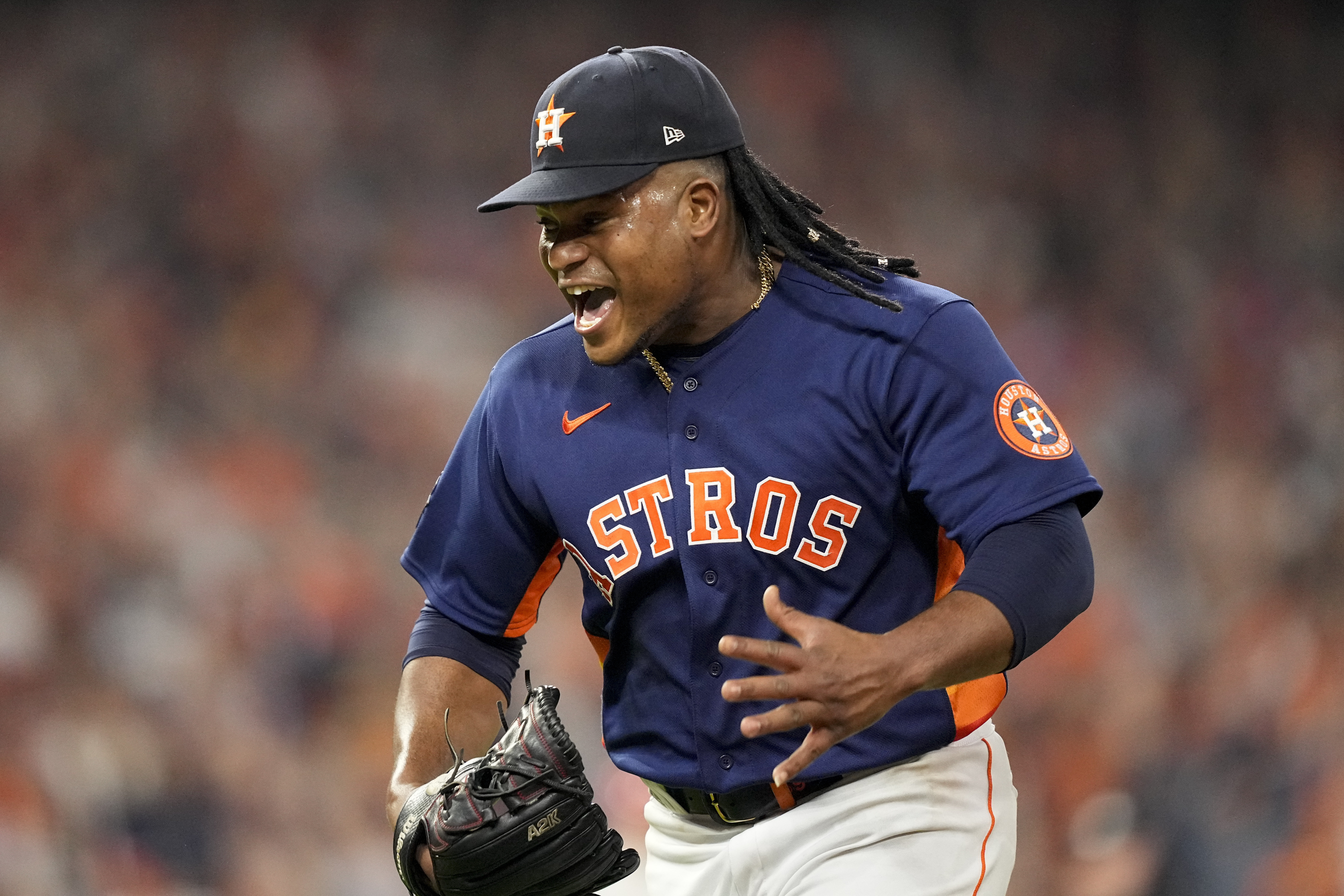 Houston Astros starting pitcher Framber Valdez celebrates a double play to end the top of the sixth inning in Game 2 of baseball's World Series between the Houston Astros and the Philadelphia Phillies on Saturday, Oct. 29, 2022, in Houston. 
