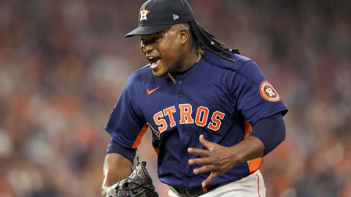 Houston Astros starting pitcher Framber Valdez celebrates a double play to end the top of the sixth inning in Game 2 of baseball's World Series between the Houston Astros and the Philadelphia Phillies on Saturday, Oct. 29, 2022, in Houston.