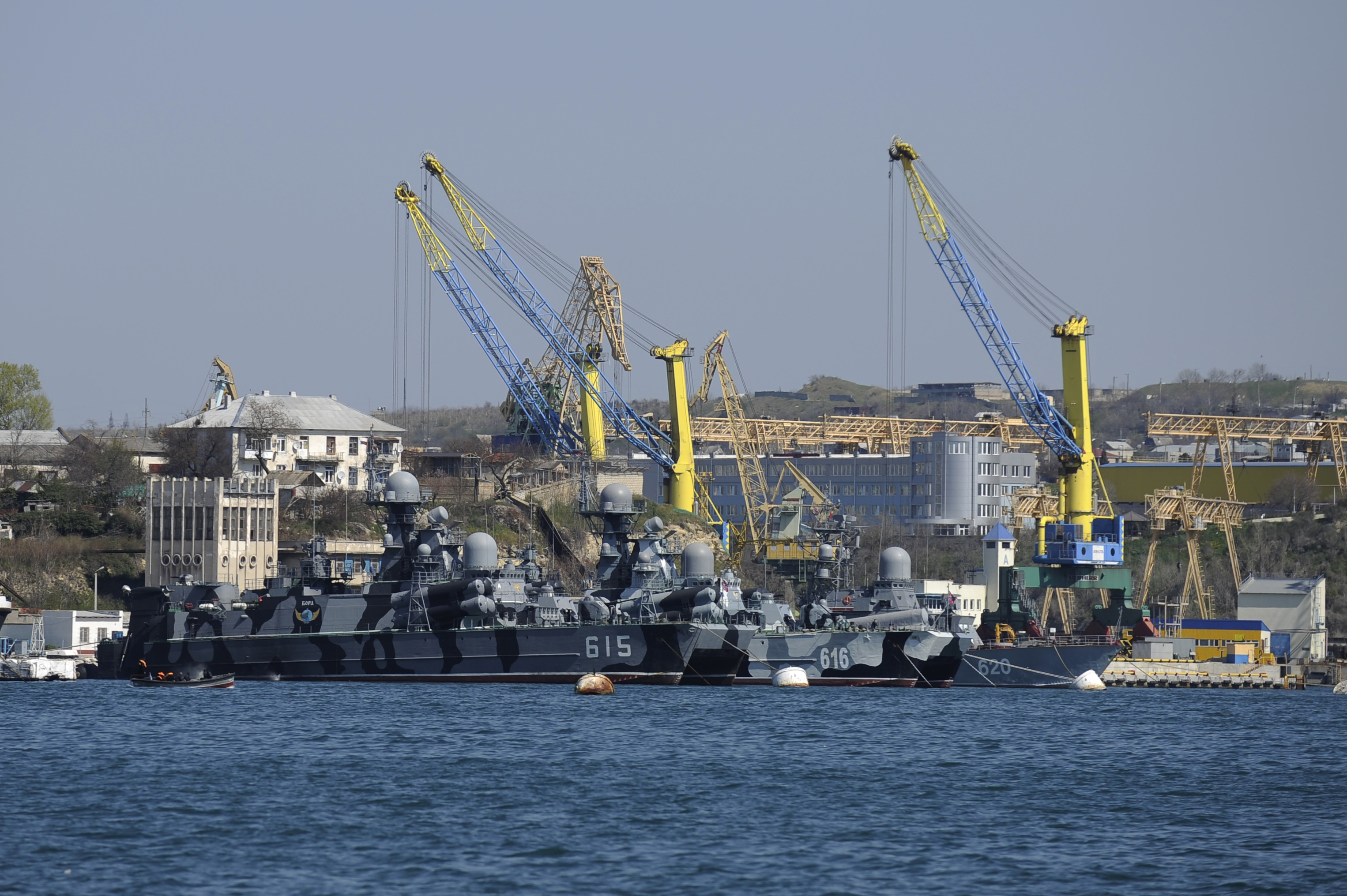 Russian Black Sea fleet ships anchored in Sevastopol, Crimea, March 31, 2014. On Saturday, at least two Russian ships suffered damage in a major port in Crimea, the Ukrainian peninsula annexed by Moscow in 2014.