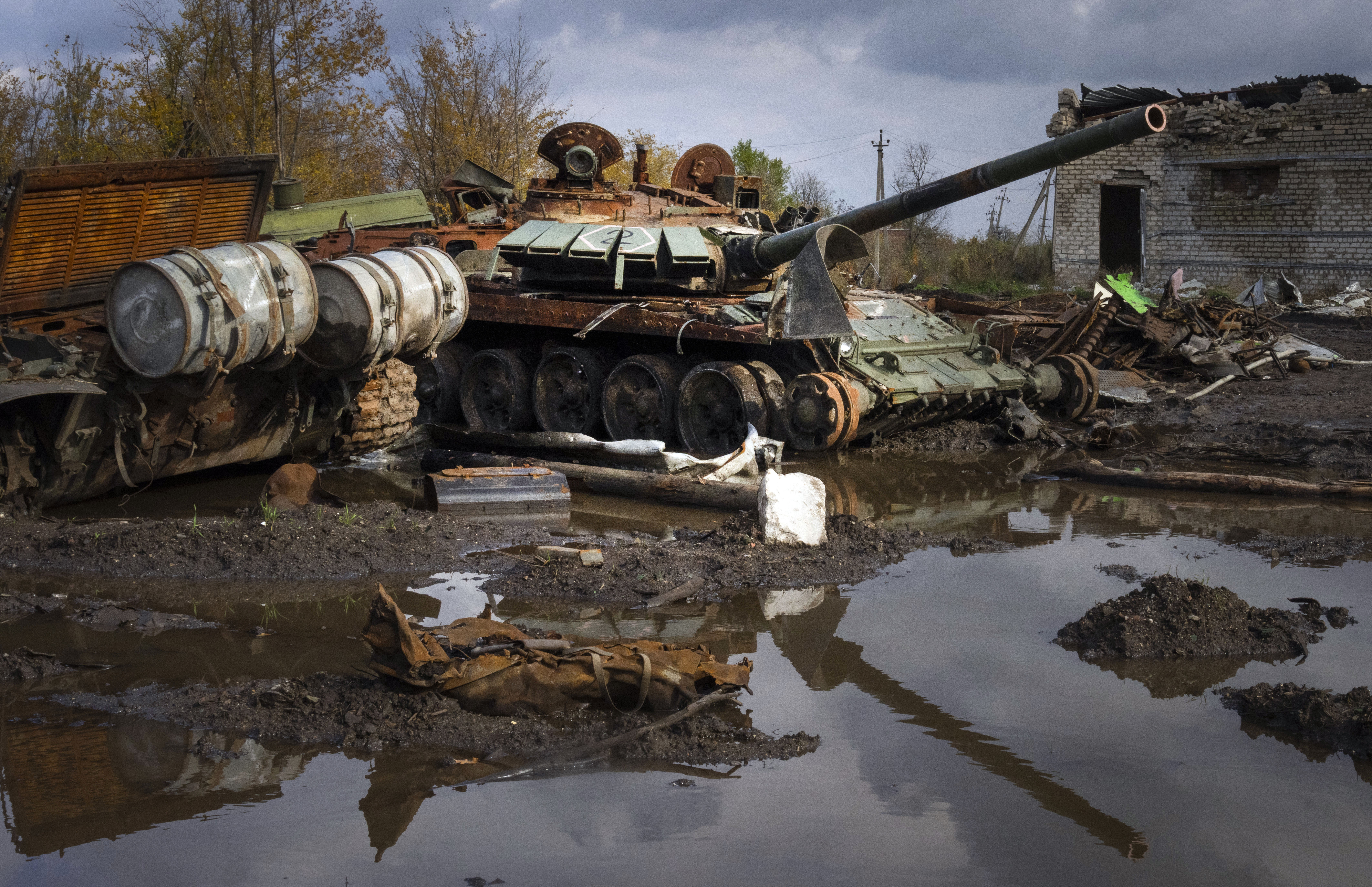 Russian tanks damaged in recent fighting are seen near the recently retaken village of Kamianka, Kharkiv region, Ukraine, Sunday.