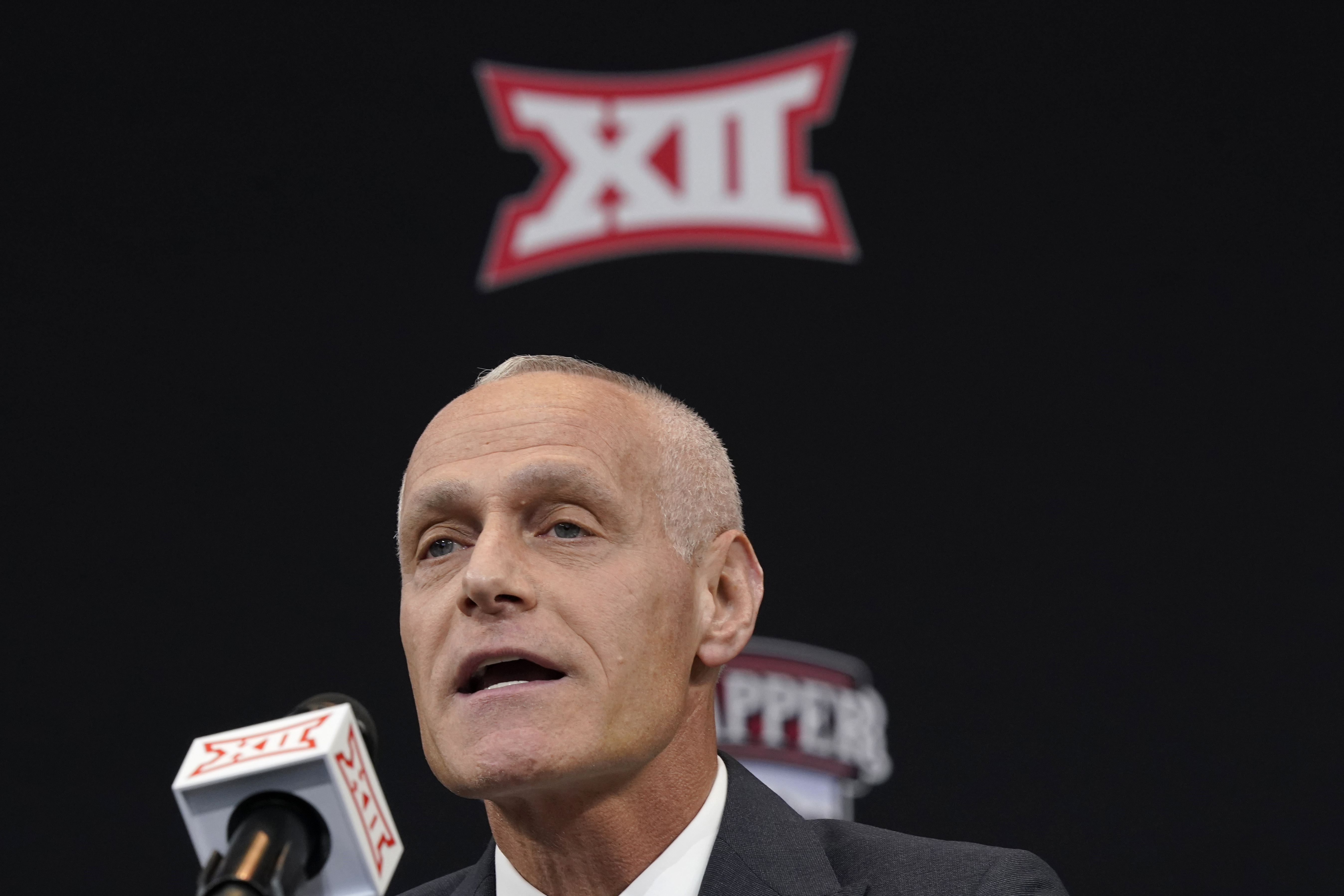 Incoming Big 12 Commissioner Brett Yormark speaks during a news conference opening the conference's football media days in Arlington, Texas, July 13, 2022.