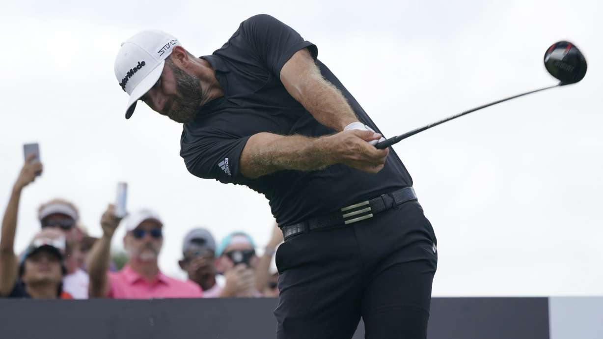 Dustin Johnson hits from the third tee during the final round of the LIV Golf Team Championship at Trump National Doral Golf Club, Sunday, Oct. 30, 2022, in Doral, Fla.