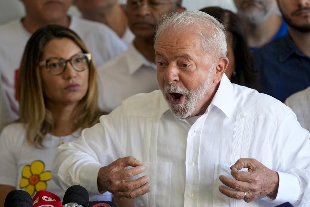 Former Brazilian President Luiz Inacio Lula da Silva speaks after voting in a presidential run-off in Sao Paulo, Brazil, Sunday. Silva won the runoff election.