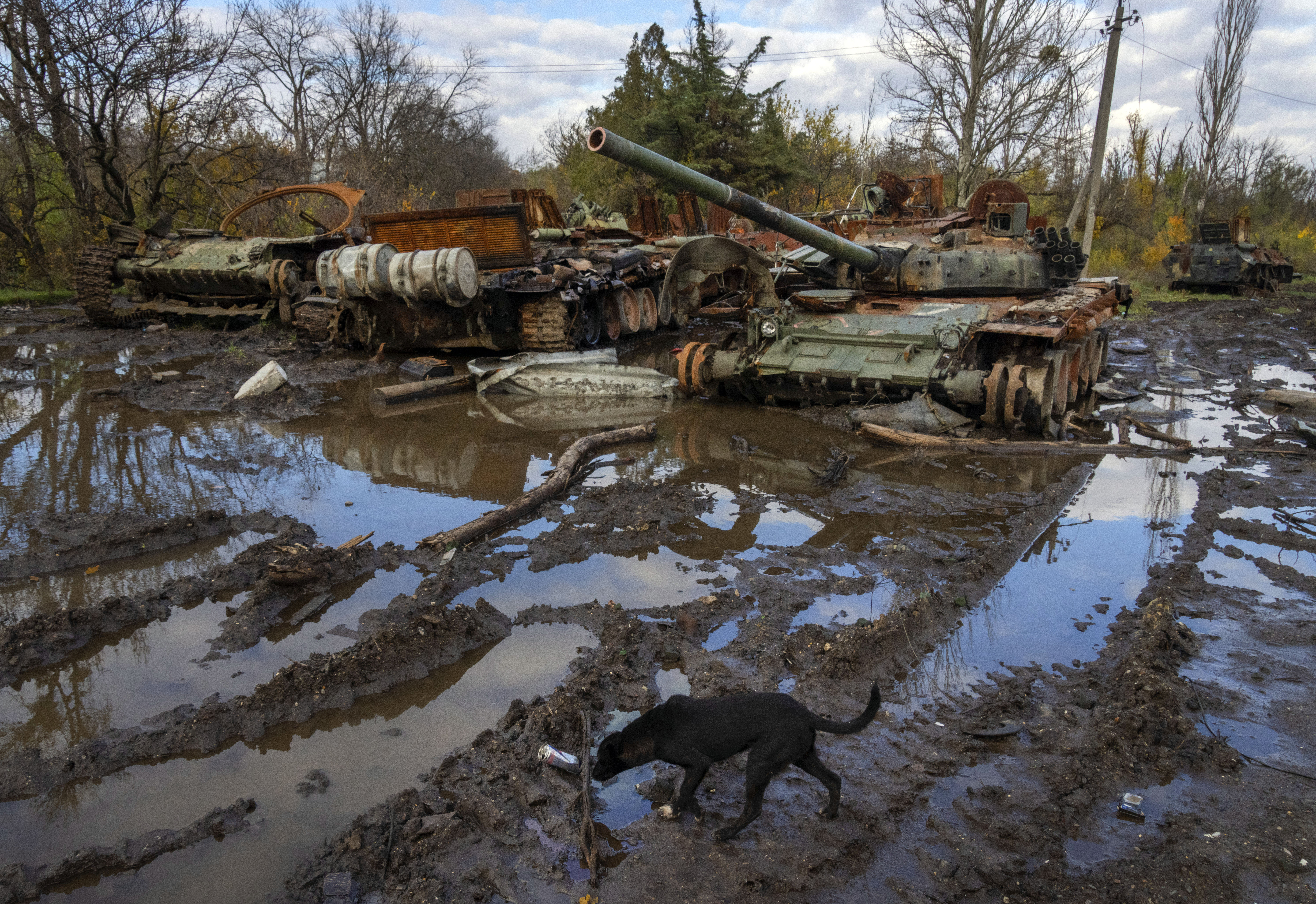Russian tanks damaged in recent fighting are seen near the recently retaken village of Kamianka, Kharkiv region, Ukraine, Sunday.