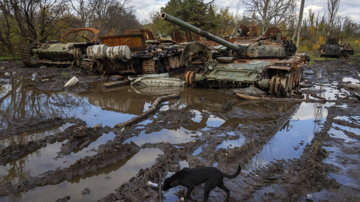 Russian tanks damaged in recent fighting are seen near the recently retaken village of Kamianka, Kharkiv region, Ukraine, Sunday.