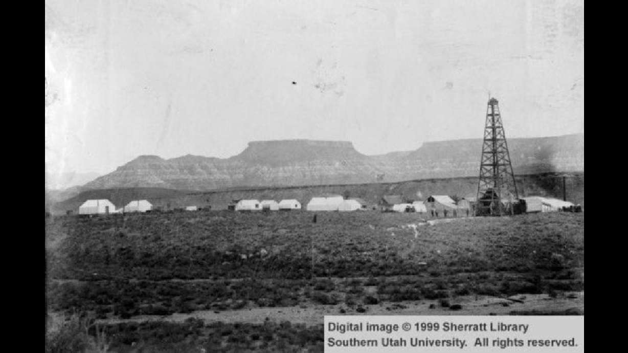 This historic photo shows an oil field near Virgin, Utah, circa 1907-1933.