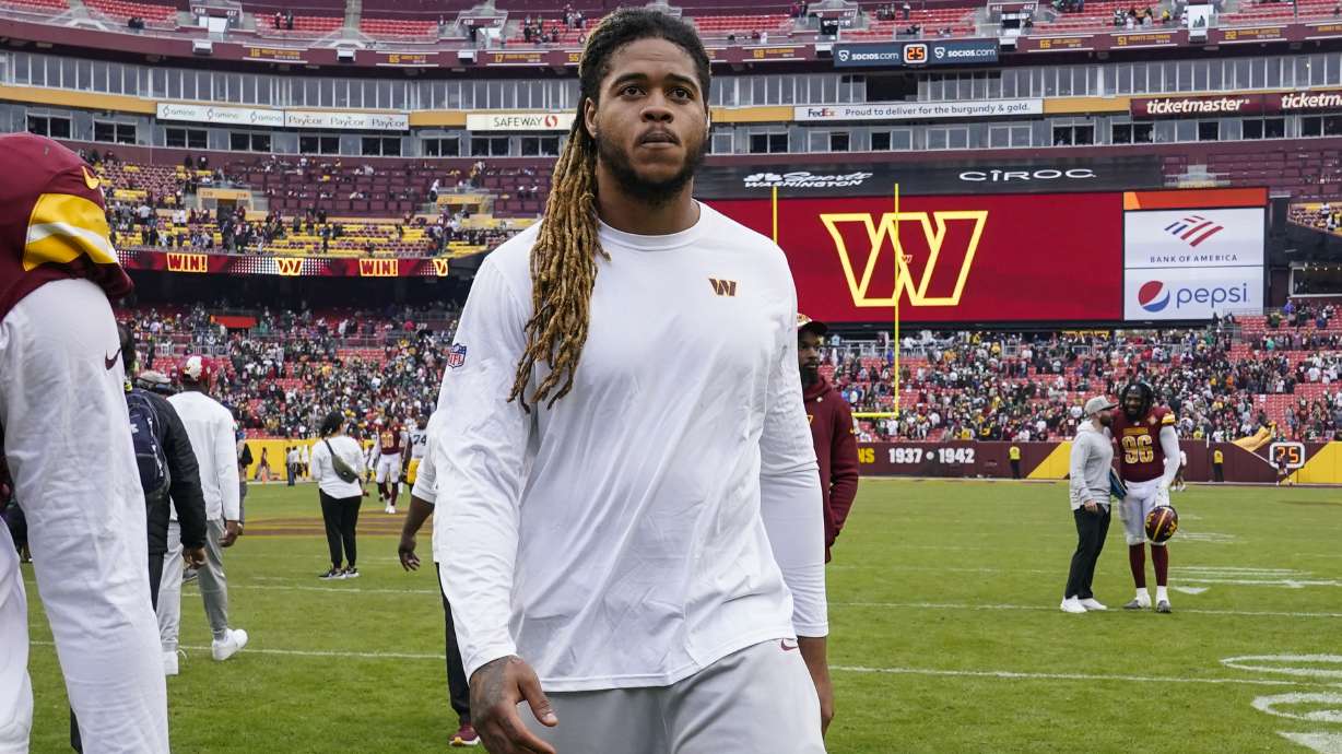 FILE - Washington Commanders defensive end Chase Young (99) walks off the field after an NFL football game against the Green Bay Packers on Oct. 23, 2022, in Landover, Md. Young is expected to practice with the Washington Commanders this week for the first time since tearing the ACL in his right knee 11 months ago, according to coach Ron Rivera on Monday, Oct. 31.