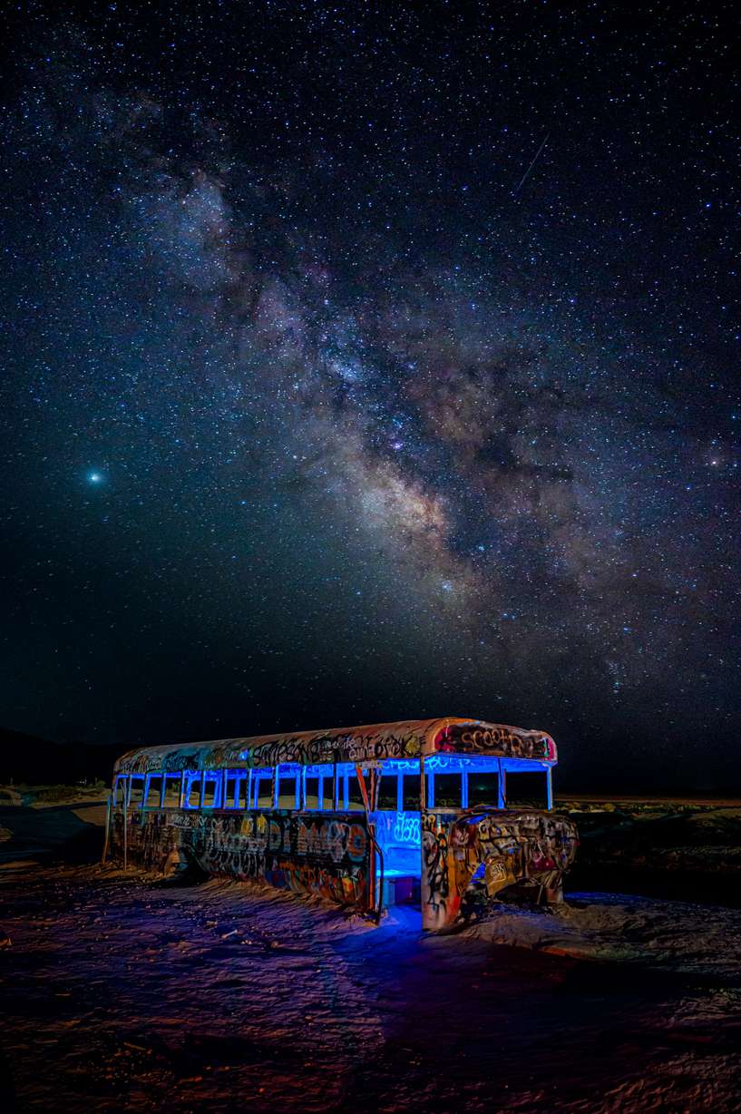 This photo, titled "Magic Bus," certainly fits the prompt, featuring a breathtaking view of a clear night sky.