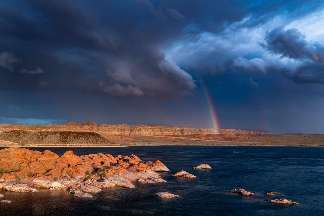 This image shows a beautiful rainbow over Sand Hollow Reservoir in Washington County.