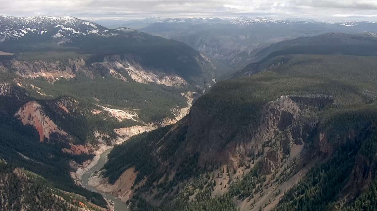 Yellowstone National Park as seen from KSL-TV's Chopper 5 on June 15 after severe flooding damaged roads and shut down the park. The North Entrance to the park and the road to Mammoth Hot Springs have reopened after summer flooding closers.