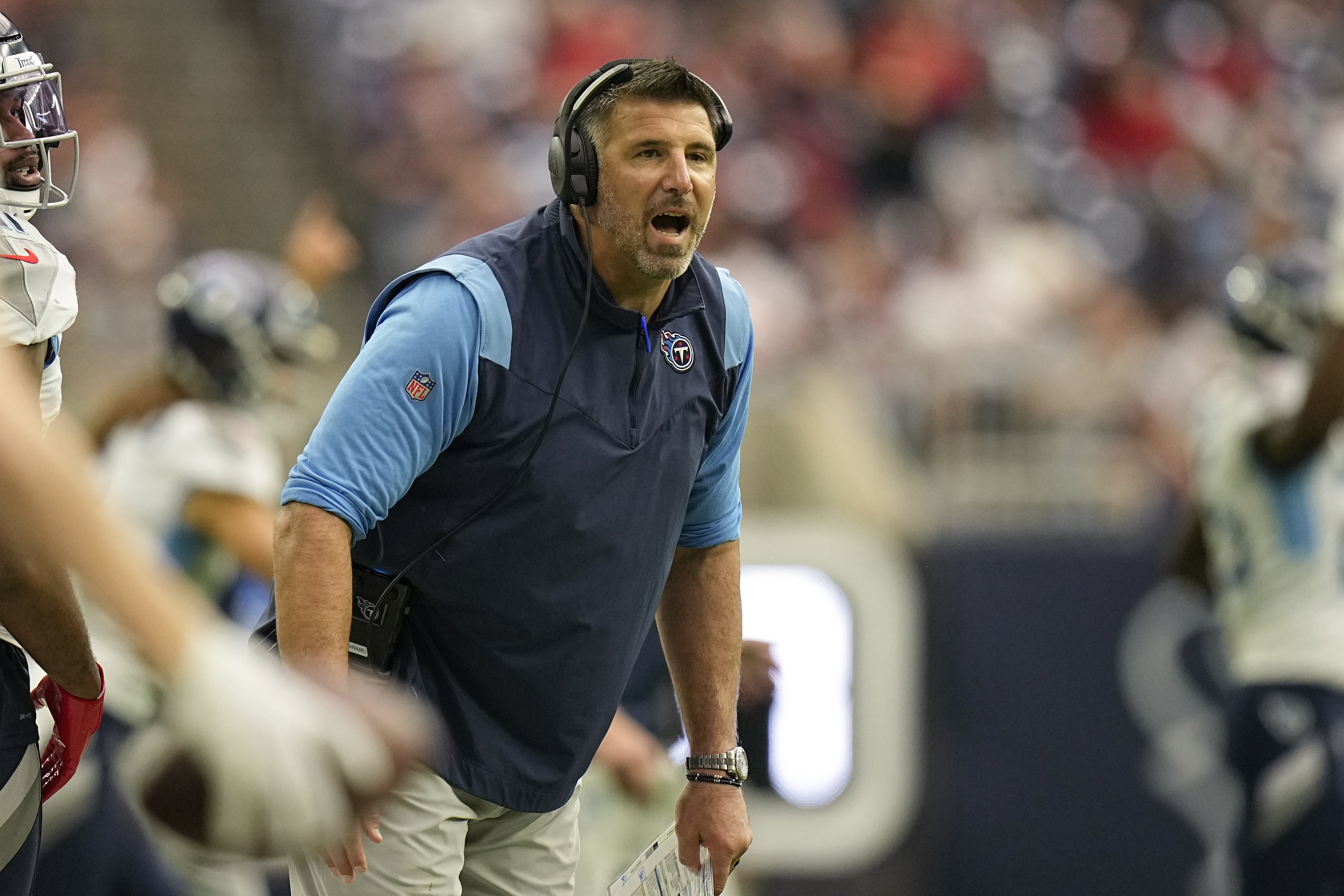 Tennessee Titans head coach Mike Vrabel yells to his players during the first half of an NFL football game against the Houston Texans Sunday, Oct. 30, 2022, in Houston. 
