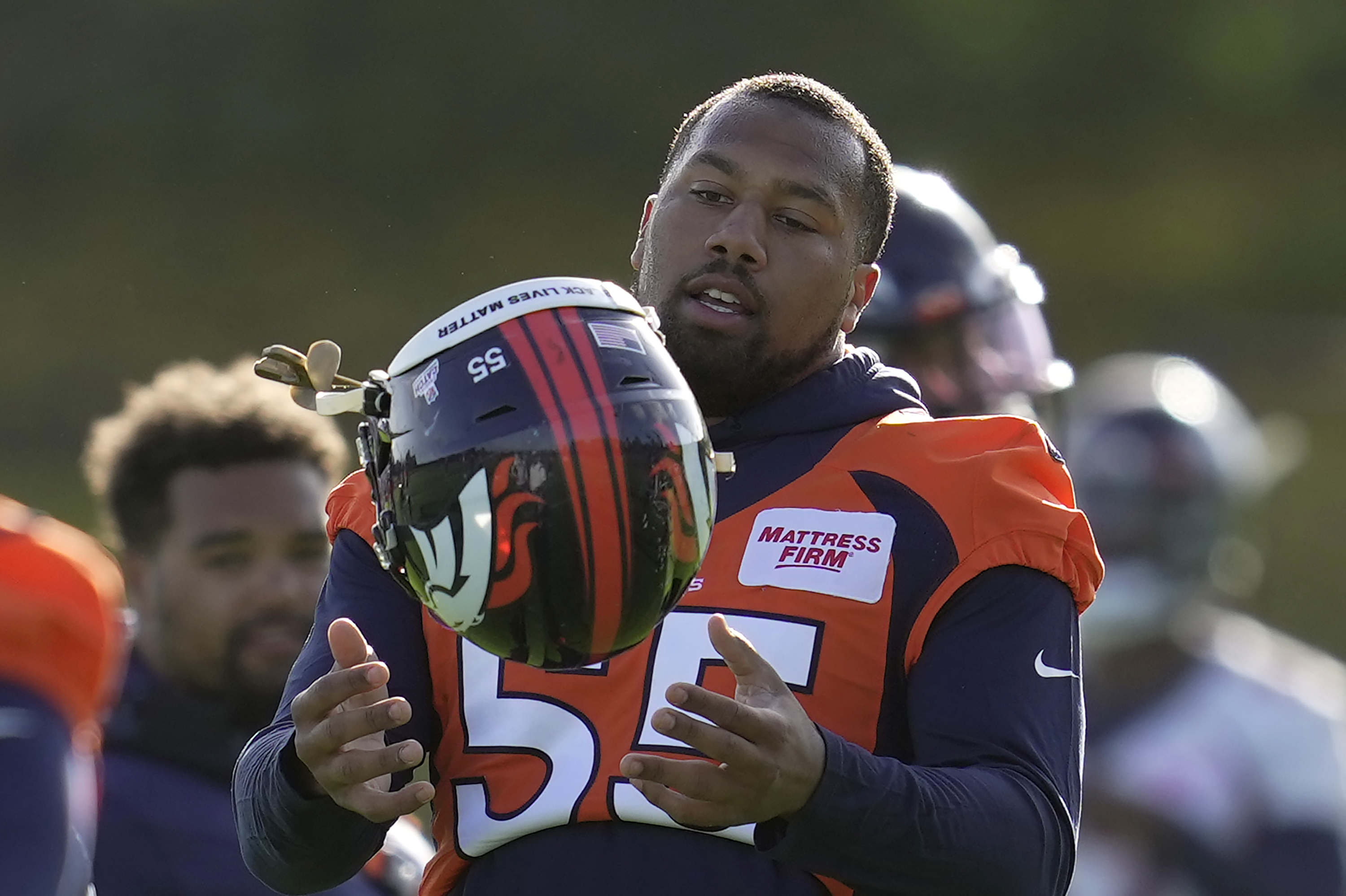 Denver Broncos Bradley Chubb attends a practice session in Harrow, England, Wednesday, Oct. 26, 2022 ahead the NFL game against Jacksonville Jaguars at the Wembley stadium on Sunday.