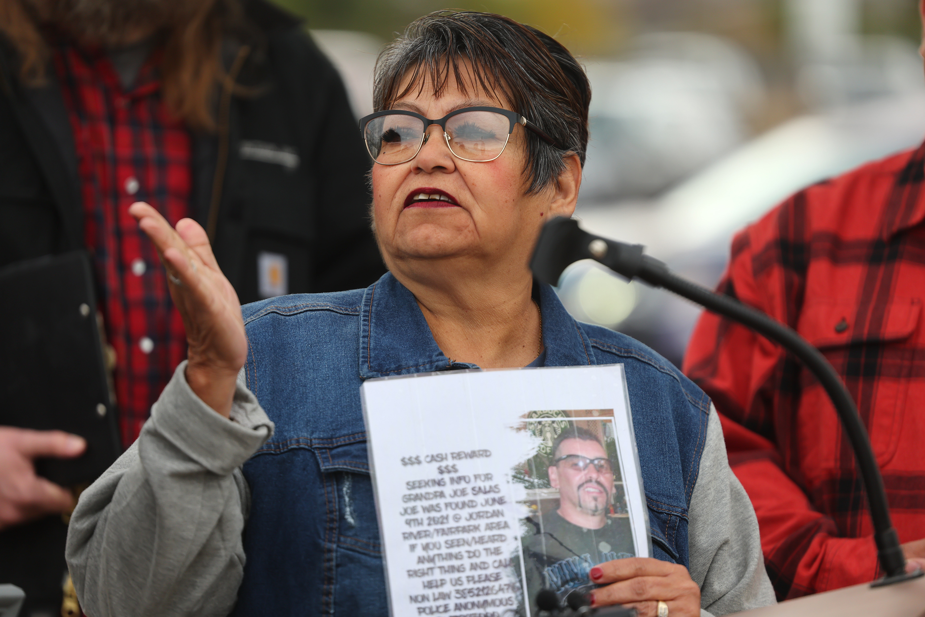 Carmen Granados expresses her frustration with police concerning the death of her brother, Joseph Salas, during a press conference near North Temple and the Jordan River in Salt Lake City on Tuesday. Salas’ body was found in the Jordan River more than a year ago, and his family is asking for help in finding answers in his death.