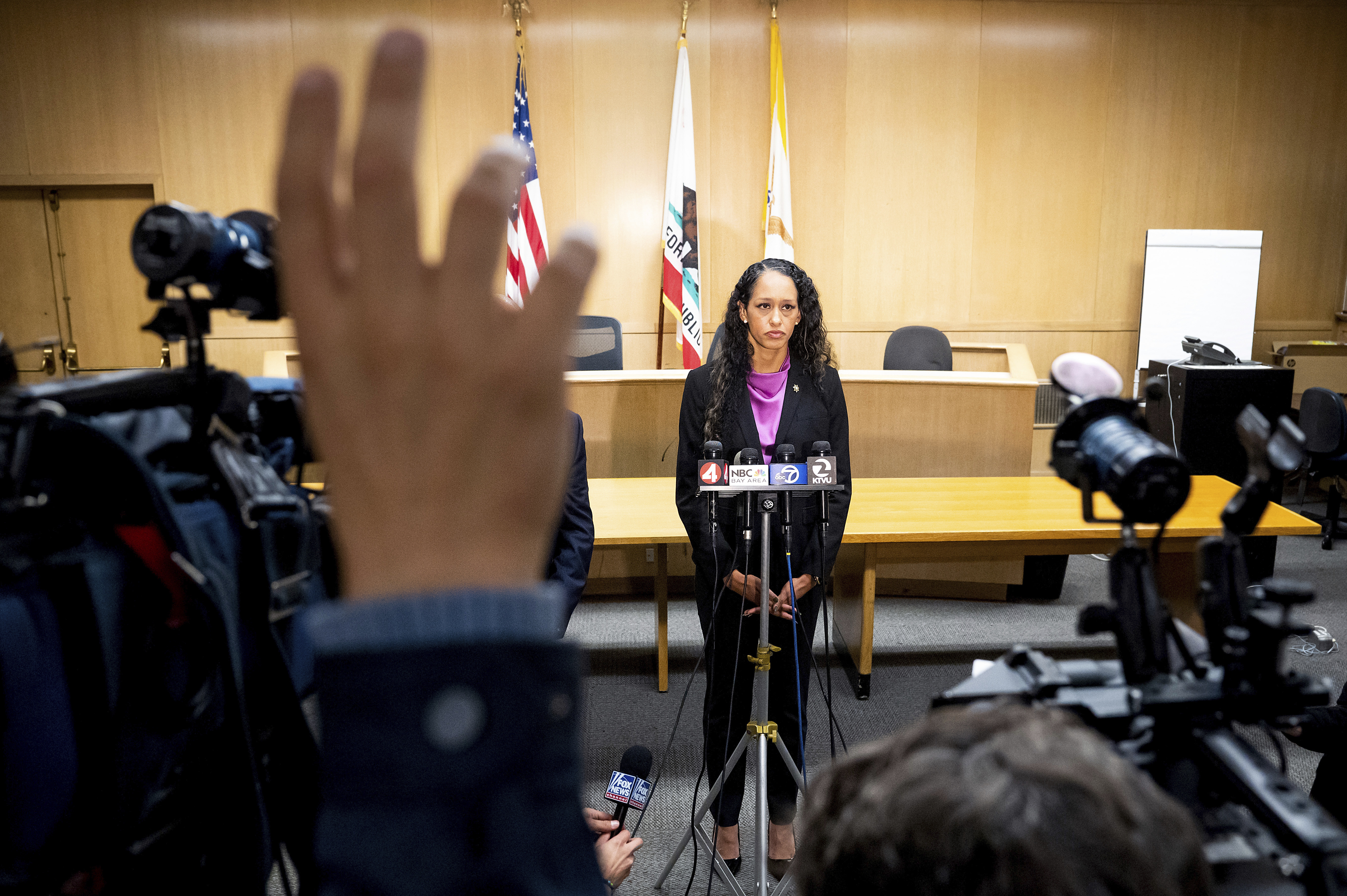 San Francisco District Attorney Brooke Jenkins, whose office has charged David DePape with attempted murder and other crimes in the attack of House Speaker Nancy Pelosi's husband Paul Pelosi, speaks with reporters in San Francisco Superior Court on Tuesday in San Francisco.