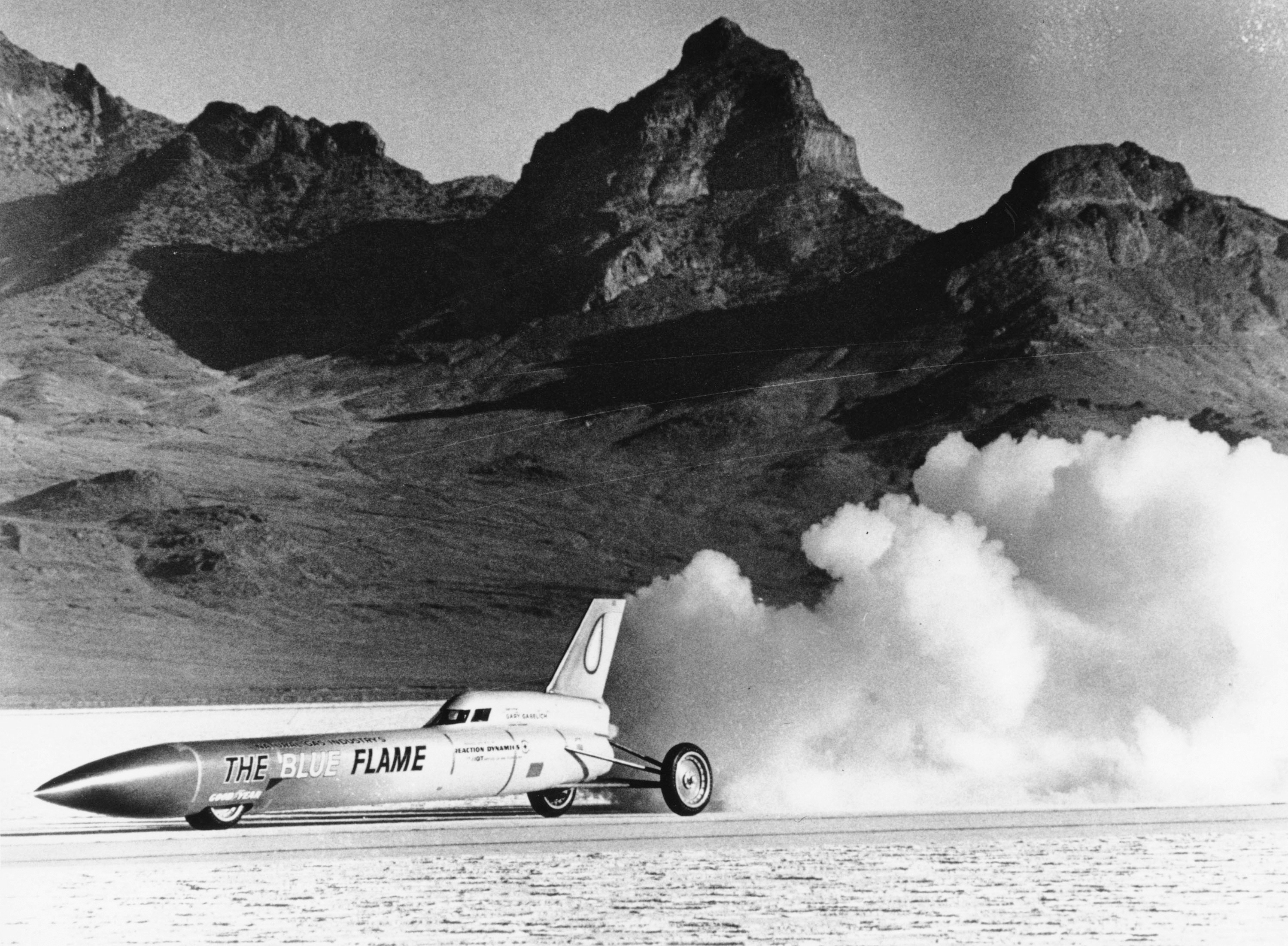 The Blue Flame performs a test run just before at Bonneville Salt Flats on Nov. 4, 1970. The crust keeps tires cool at high speeds and provides an ideal surface for racing — unless seasonal flooding fails to recede or leaves behind an unstable layer of salt.