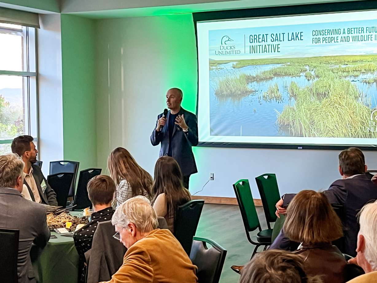 Gov. Spencer Cox speaks during a Ducks Unlimited event at the Jordan Commons Megaplex Tuesday.