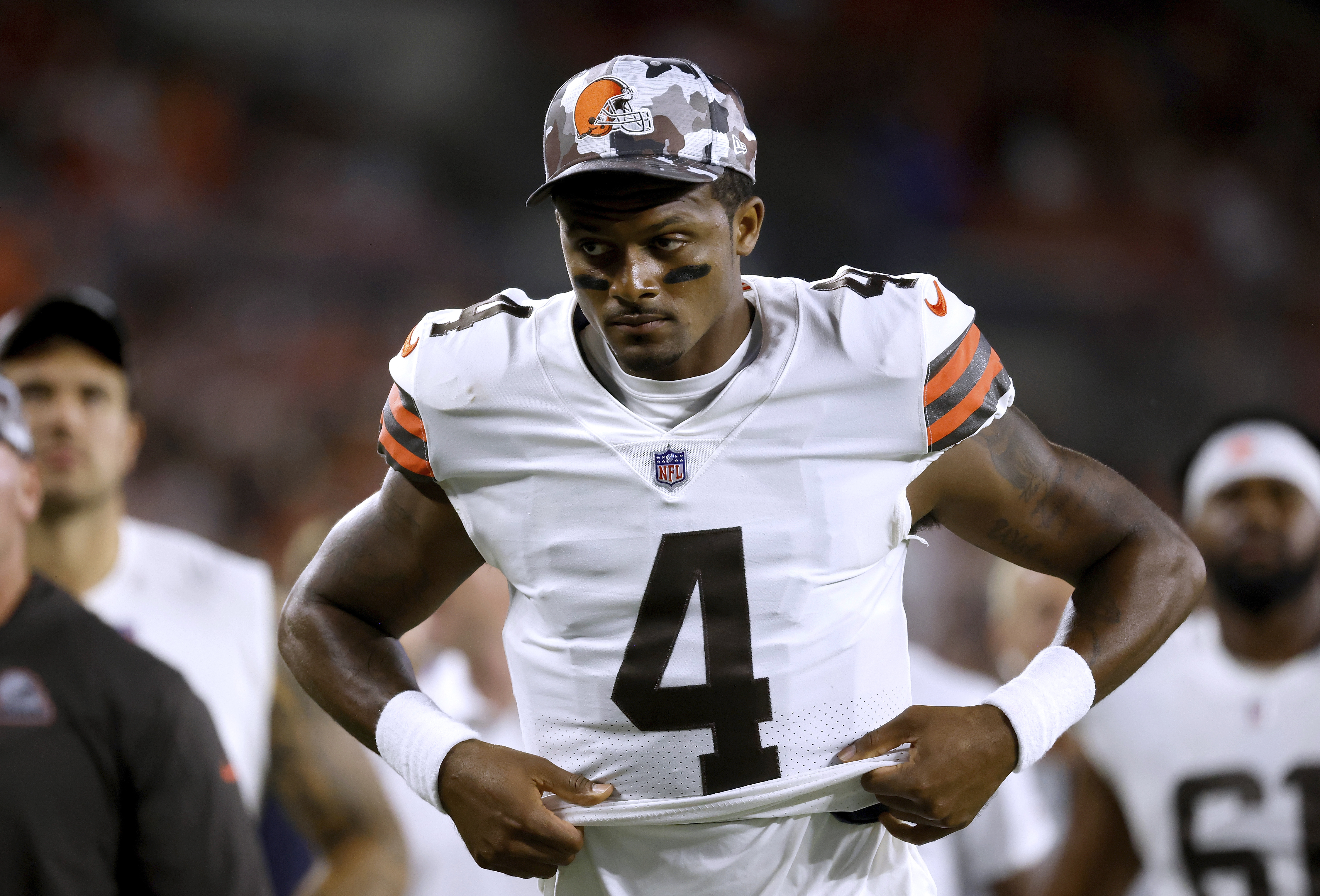 FILE - Cleveland Browns quarterback Deshaun Watson walks off of the field during an NFL preseason football game against the Chicago Bears, Saturday Aug. 27, 2022, in Cleveland. NFL Commissioner Roger Goodell said suspended quarterback Watson has met the requirements of his settlement with the league to this point after being accused of sexual misconduct by two dozen women. 