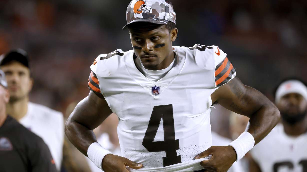 FILE - Cleveland Browns quarterback Deshaun Watson walks off of the field during an NFL preseason football game against the Chicago Bears, Saturday Aug. 27, 2022, in Cleveland. NFL Commissioner Roger Goodell said suspended quarterback Watson has met the requirements of his settlement with the league to this point after being accused of sexual misconduct by two dozen women.
