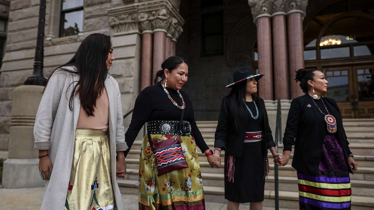 Representatives from the University of Utah American Indian Resource Center, Urban Indian Center of Salt Lake and the Utah Division of Indian Affairs celebrate the beginning of Native American Heritage Month at the Salt Lake City-County Building on Tuesday.